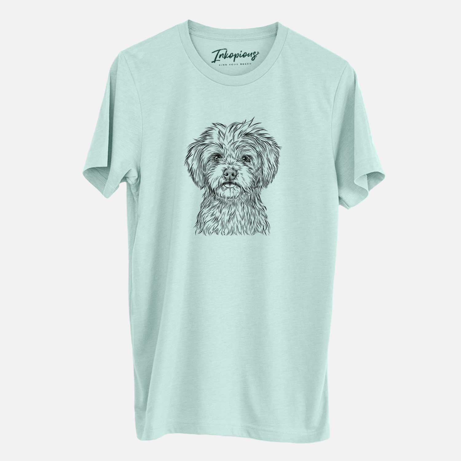 Hand-drawn sketch of Sammy the Shorkie on a Heather Sage Unisex crewneck
