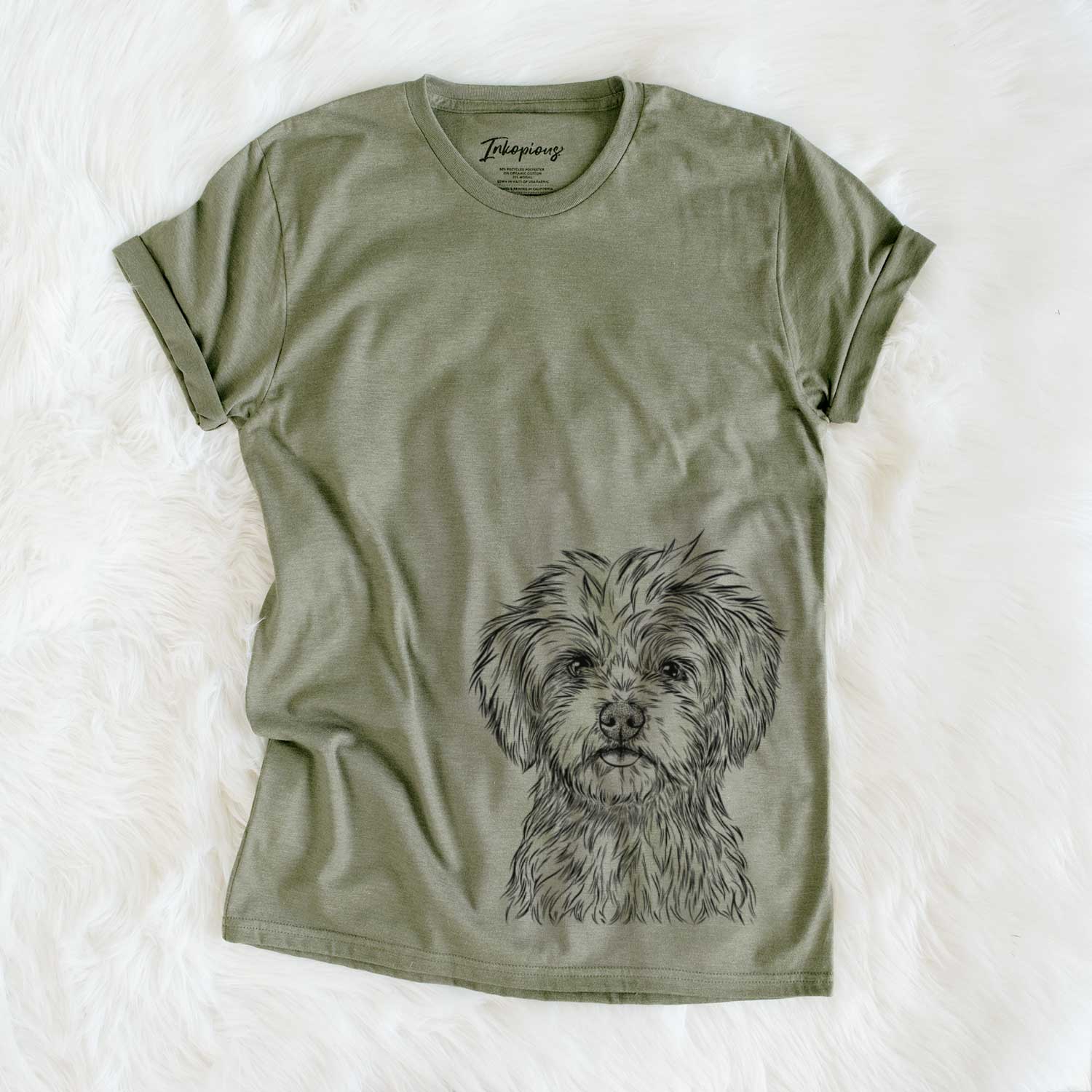 Hand-drawn sketch of Sammy the Shorkie on an Olive Unisex crewneck
