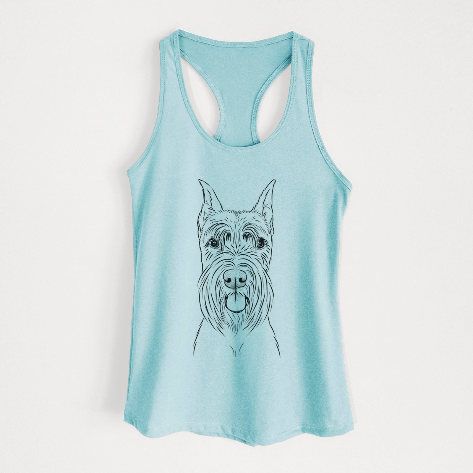 Hand-drawn sketch of Samuel the Standard Schnauzer on a Cancun Blue Women's racerback tanktop