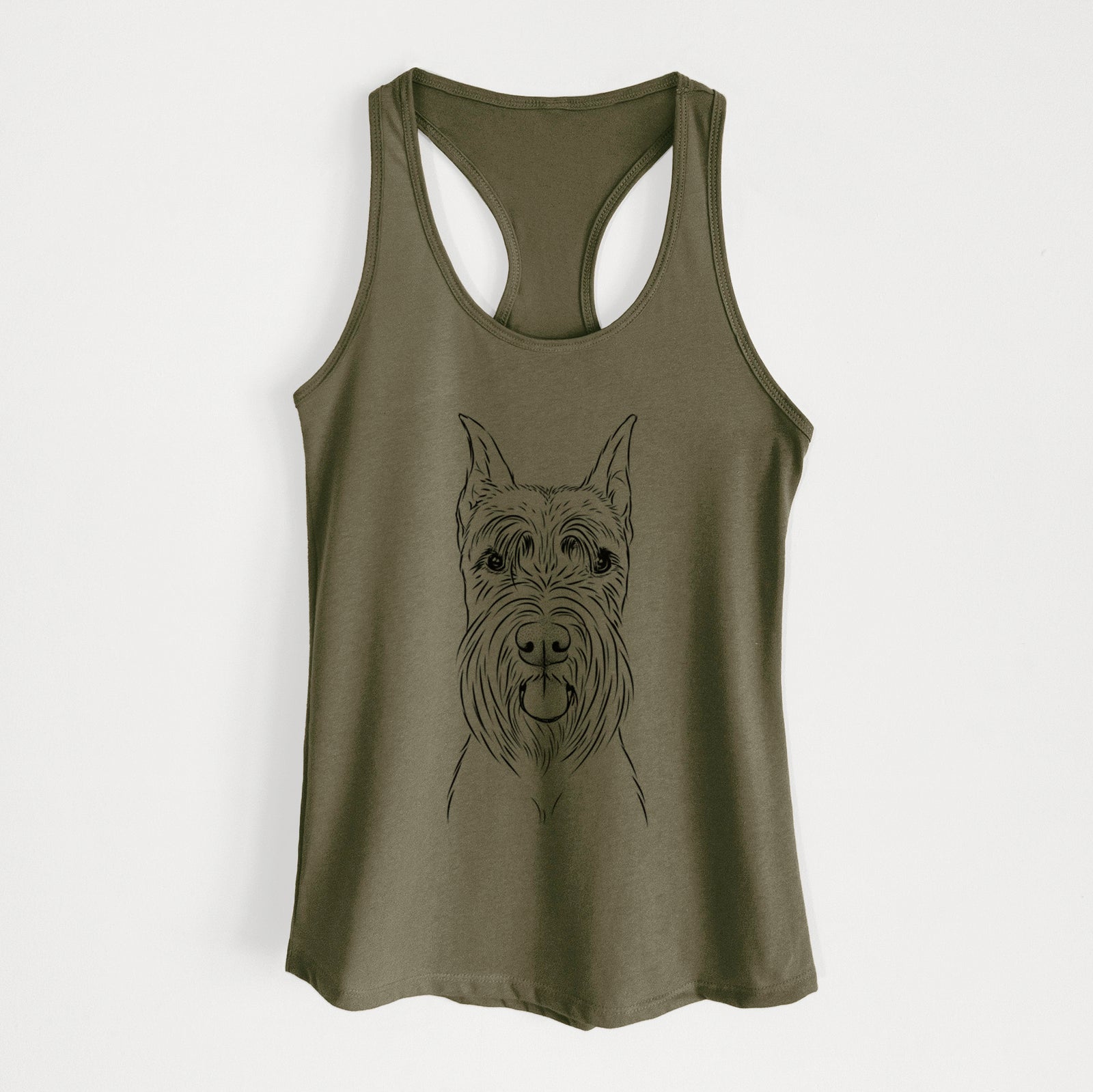 Hand-drawn sketch of Samuel the Standard Schnauzer on a Military Green Women's racerback tanktop
