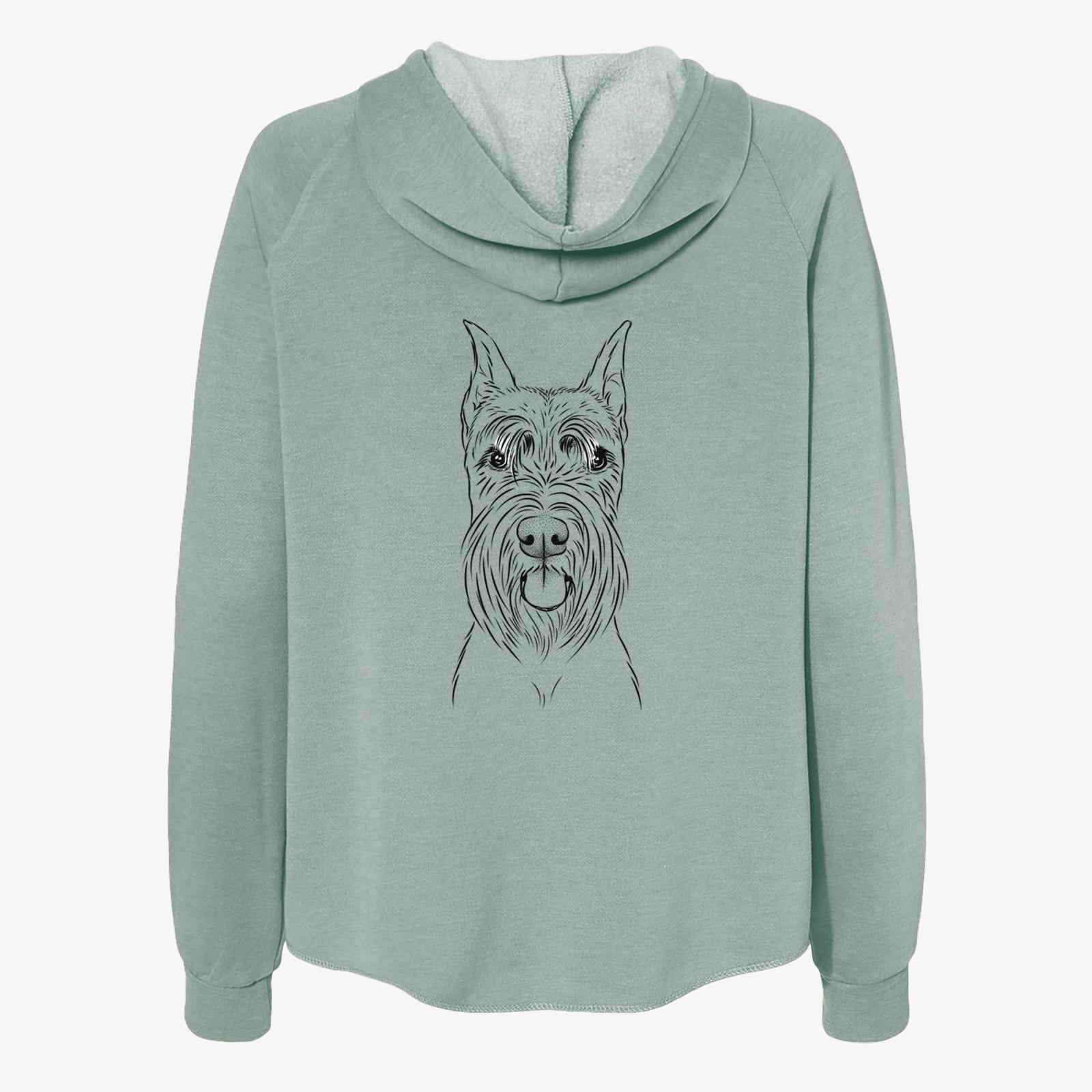 Hand-drawn sketch of Samuel the Standard Schnauzer on a Sage Women's cali wave zip-up sweatshirt