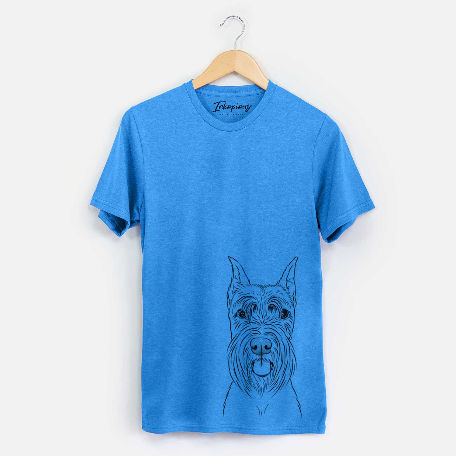 Hand-drawn sketch of Samuel the Standard Schnauzer on a Blue Unisex crewneck