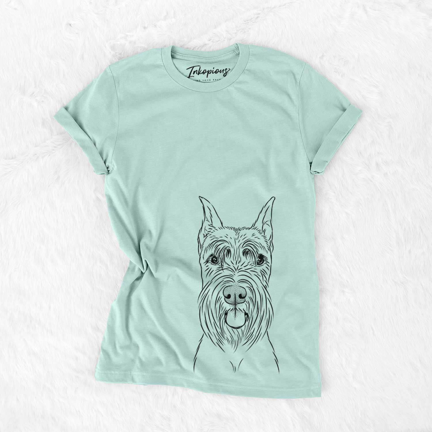 Hand-drawn sketch of Samuel the Standard Schnauzer on a Heather Sage Bella Canvas Unisex Crewneck