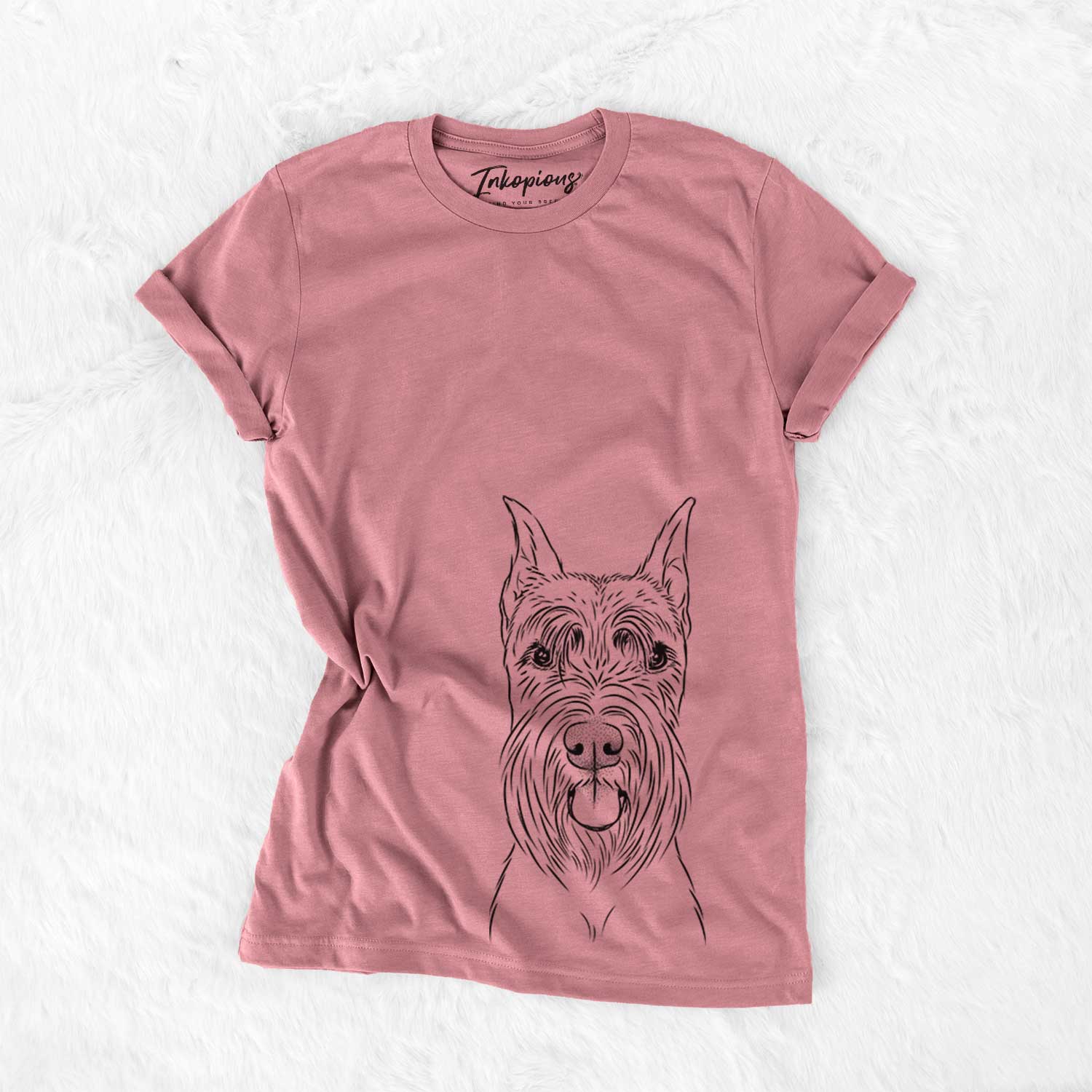 Hand-drawn sketch of Samuel the Standard Schnauzer on a Mauve Bella Canvas Unisex Crewneck