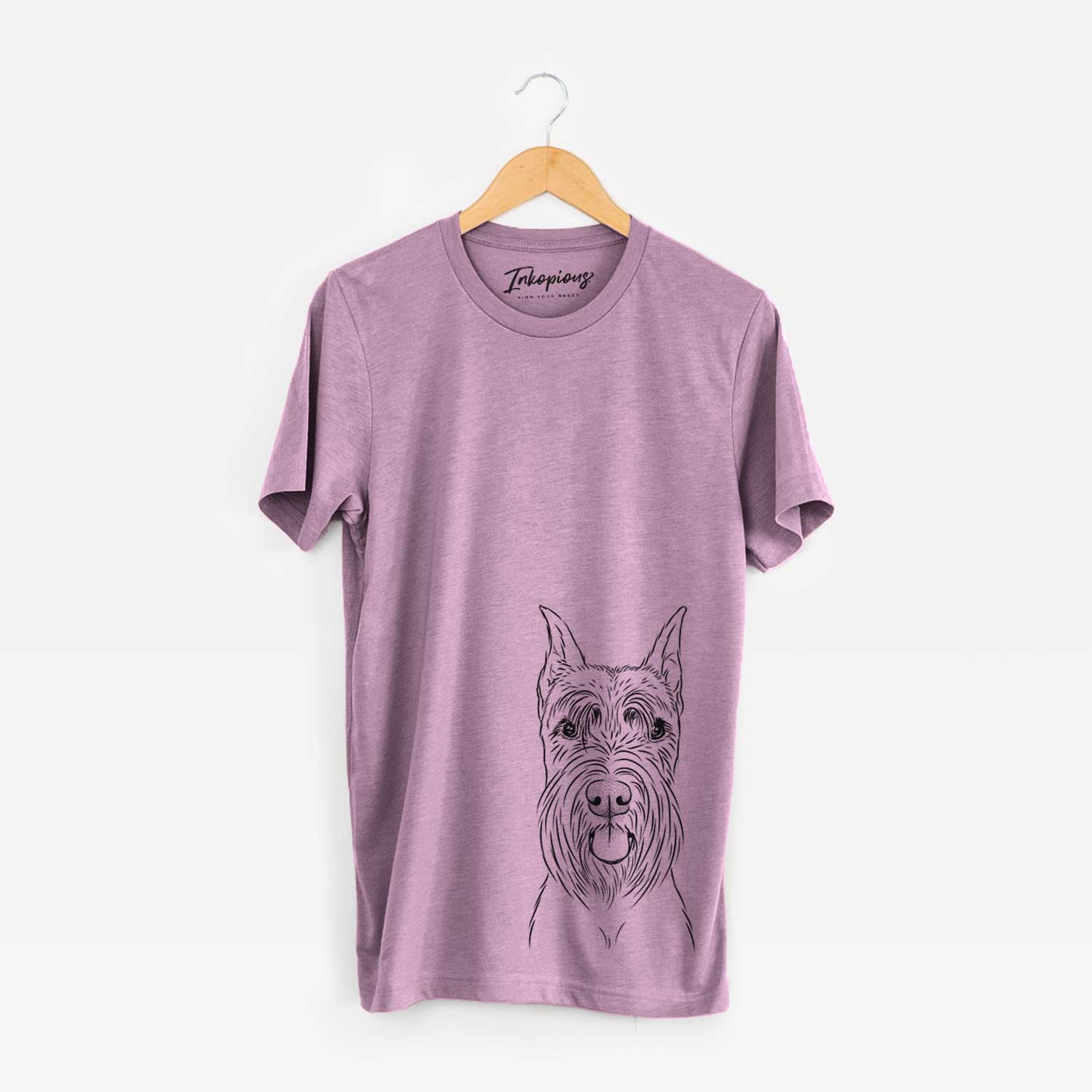 Hand-drawn sketch of Samuel the Standard Schnauzer on an Orchid Bella Canvas Unisex Crewneck