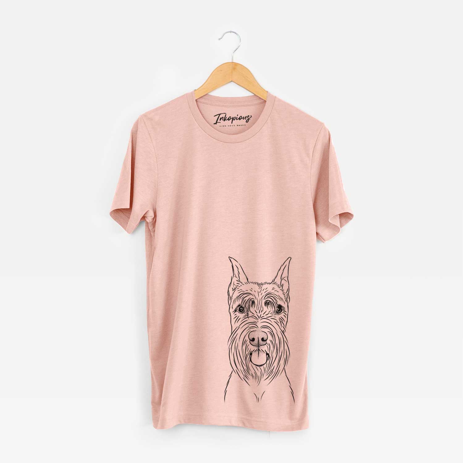 Hand-drawn sketch of Samuel the Standard Schnauzer on a Peach Bella Canvas Unisex Crewneck