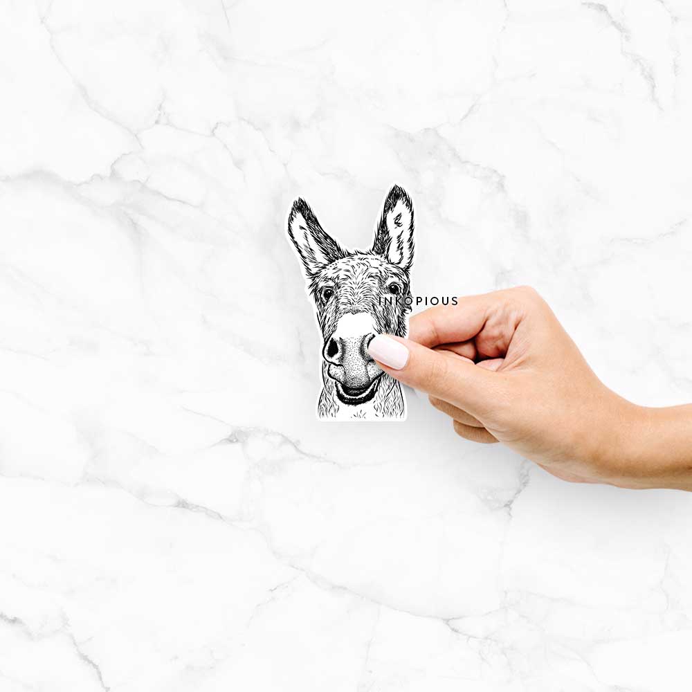 Hand-drawn sketch of Samule the Donkey on a decal sticker