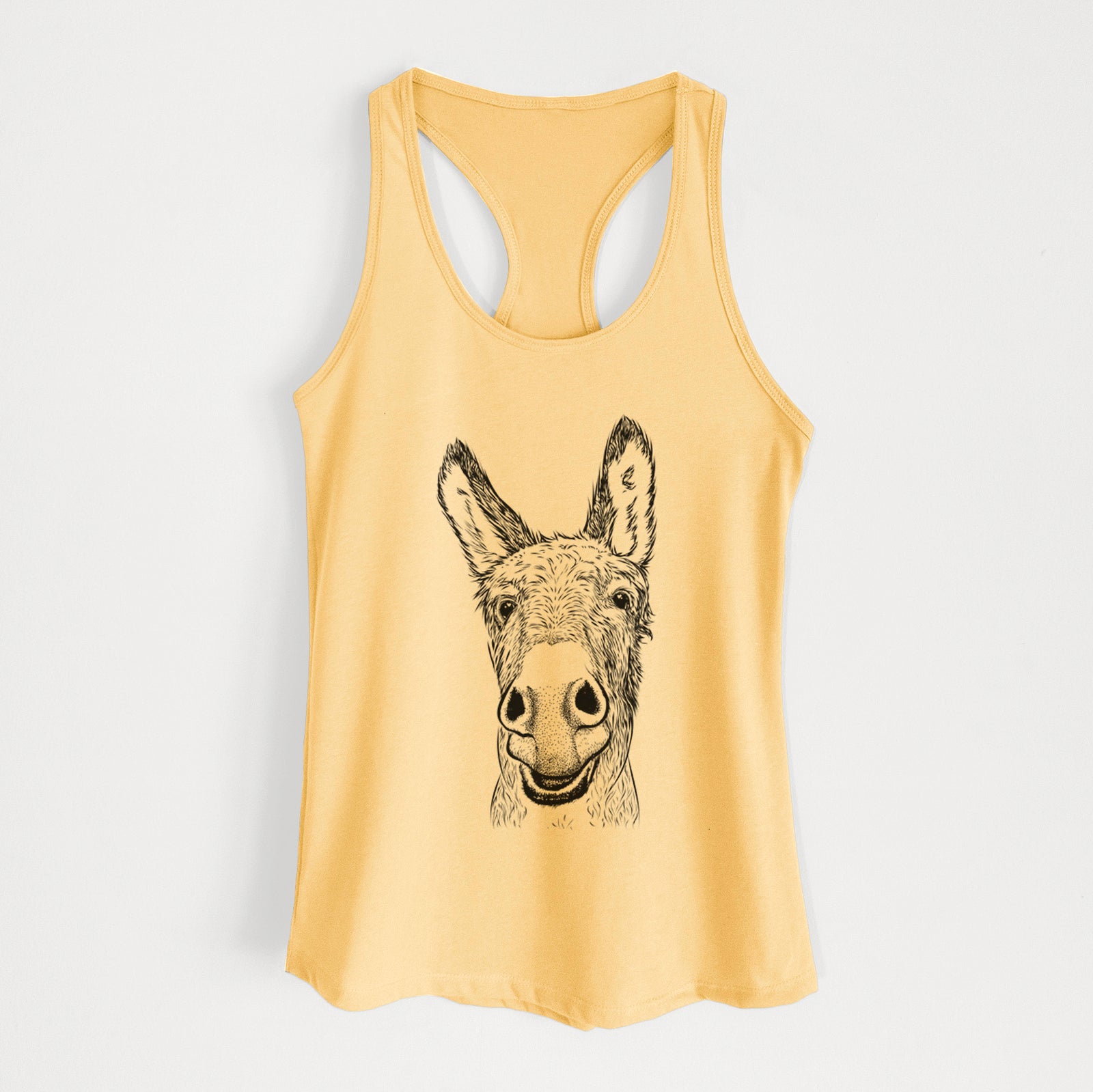 Hand-drawn sketch of Samule the Donkey on a Banana Cream Women's racerback tanktop