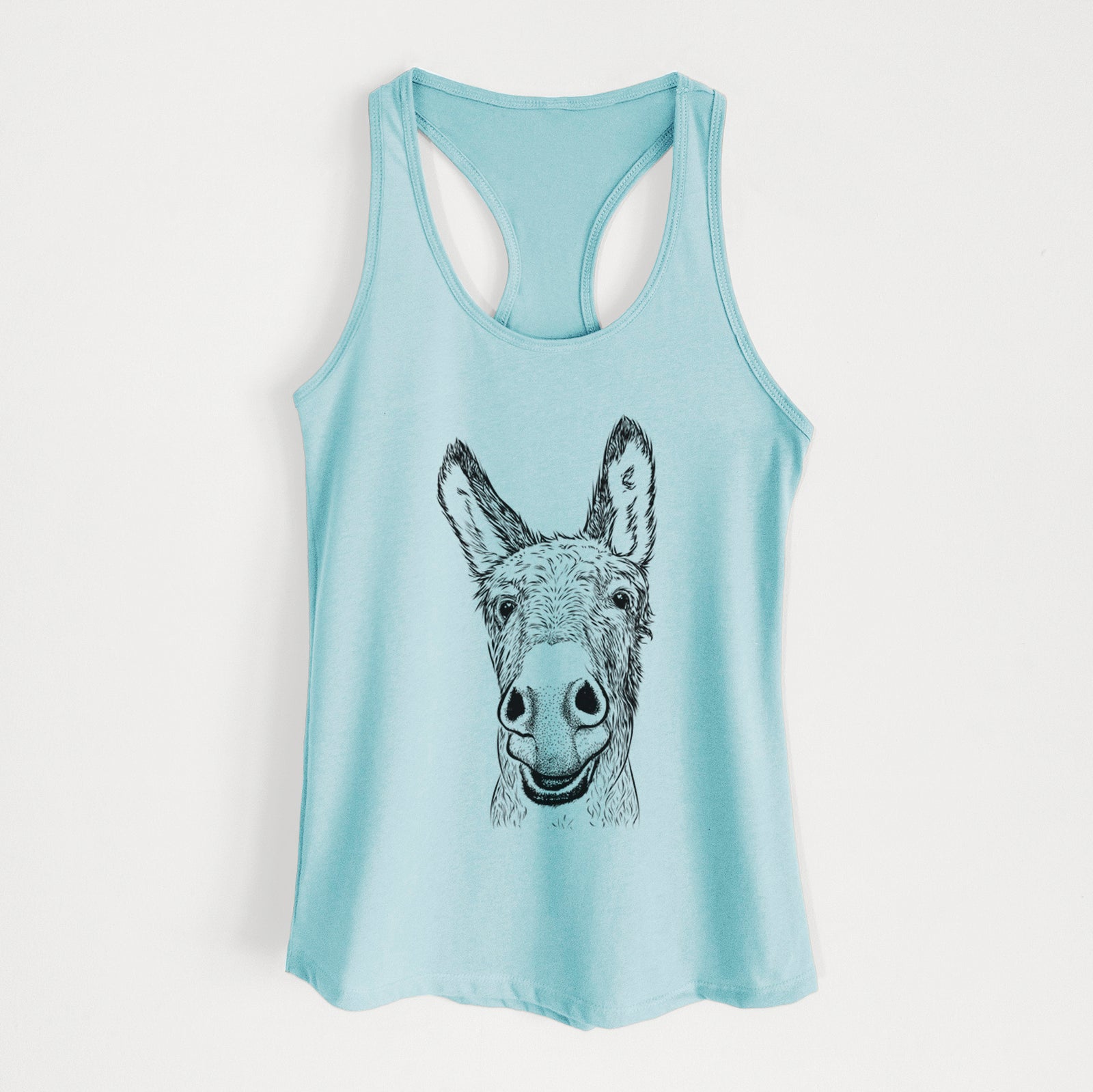 Hand-drawn sketch of Samule the Donkey on a Cancun Blue Women's racerback tanktop