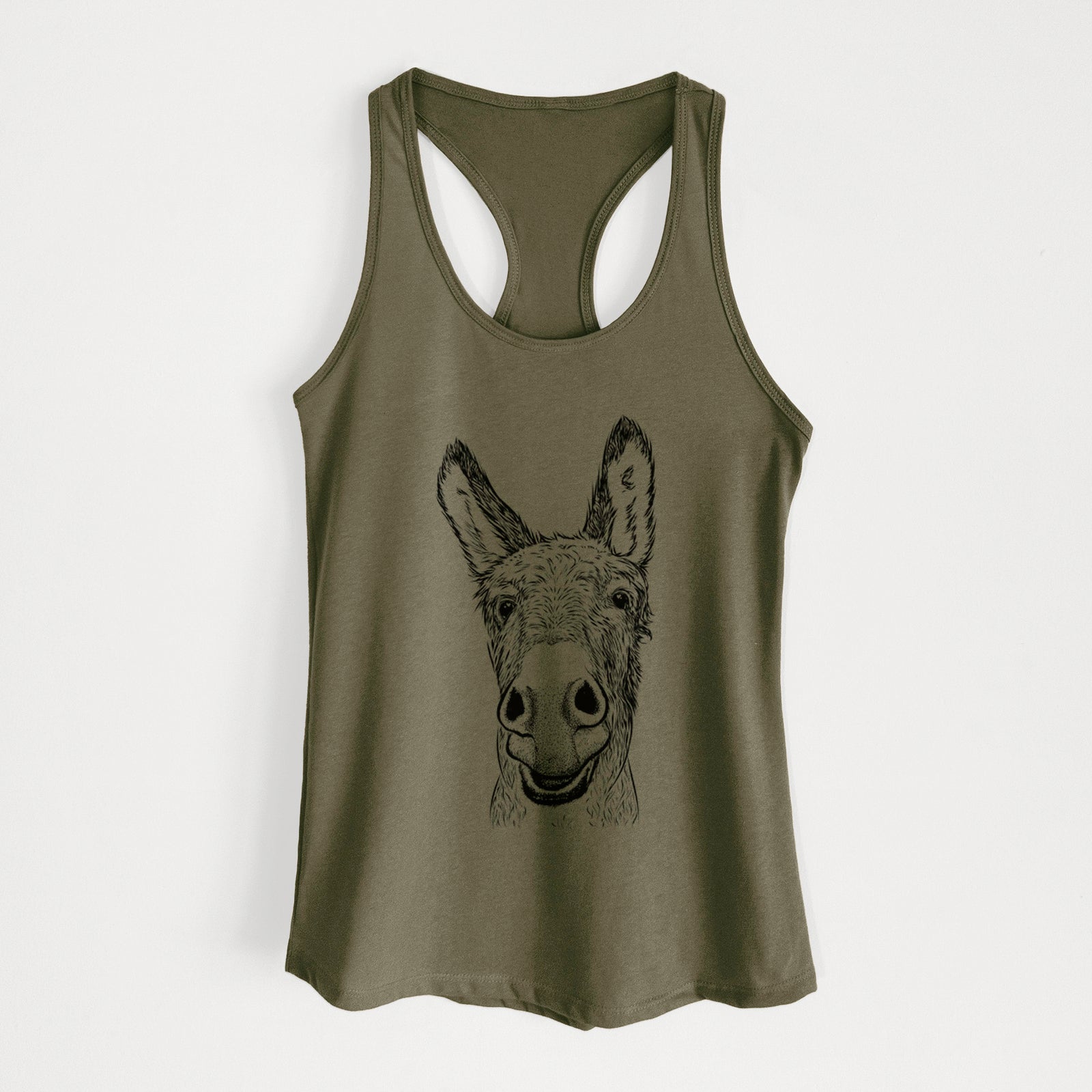 Hand-drawn sketch of Samule the Donkey on a Military Green Women's racerback tanktop