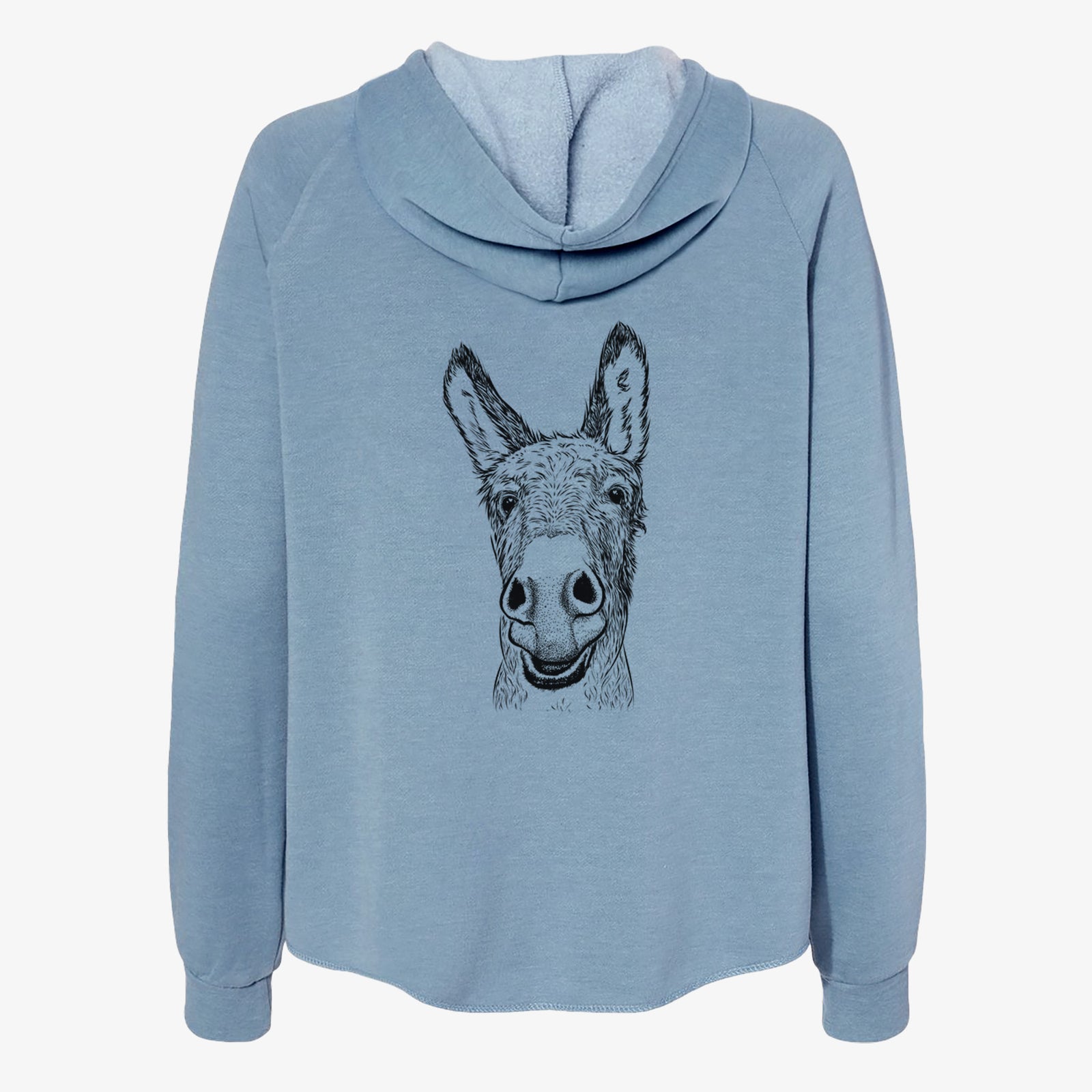 Hand-drawn sketch of Samule the Donkey on a Misty Blue Women's cali wave zip-up sweatshirt