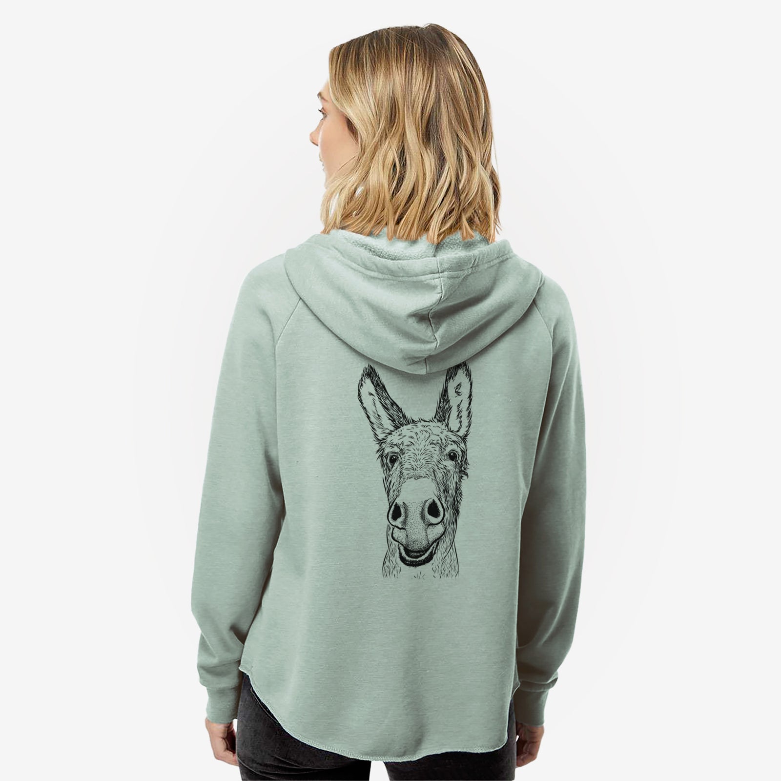Hand-drawn sketch of Samule the Donkey on a Sage Women's cali wave zip-up sweatshirt
