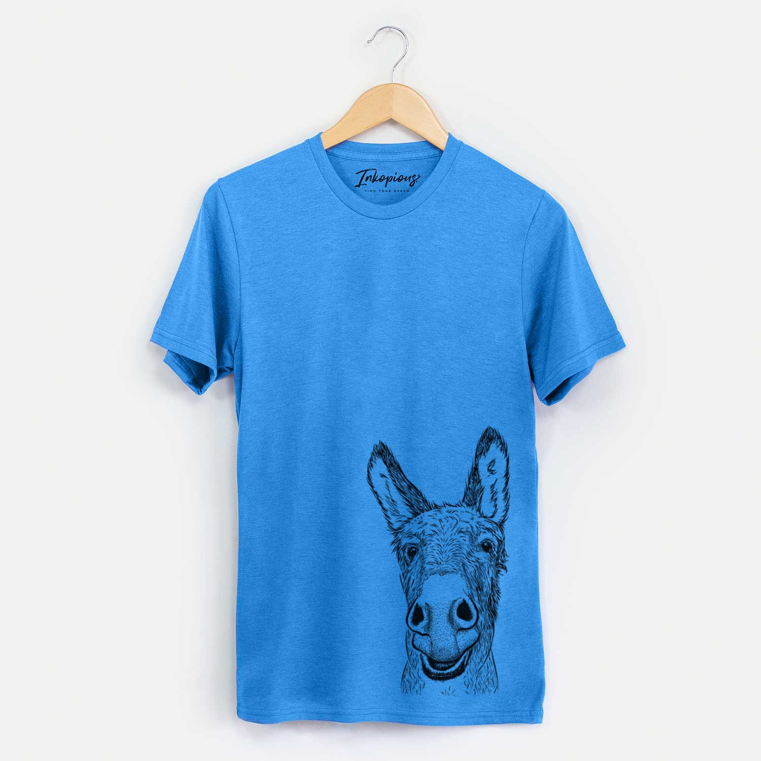 Hand-drawn sketch of Samule the Donkey on a Blue Unisex crewneck