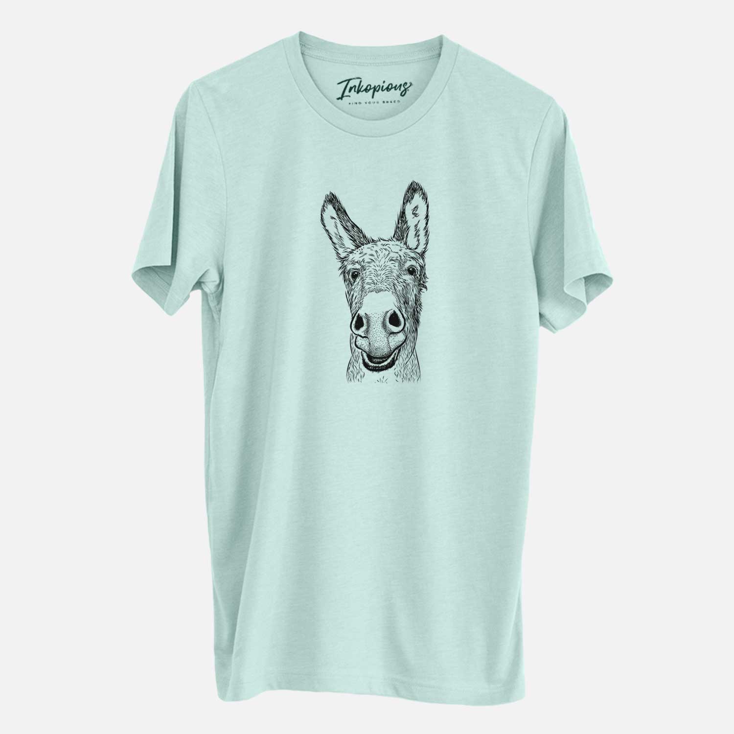 Hand-drawn sketch of Samule the Donkey on a Heather Sage Unisex crewneck