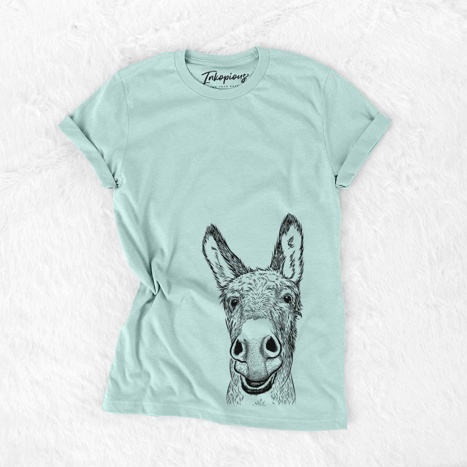 Hand-drawn sketch of Samule the Donkey on a Heather Sage Bella Canvas Unisex Crewneck