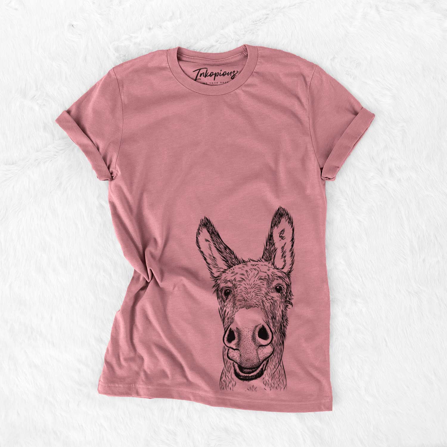 Hand-drawn sketch of Samule the Donkey on a Mauve Unisex crewneck