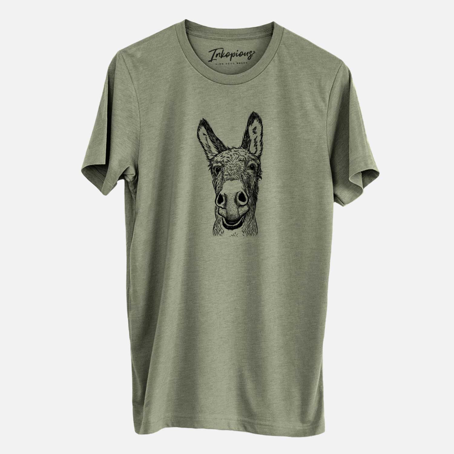 Hand-drawn sketch of Samule the Donkey on an Olive Unisex crewneck