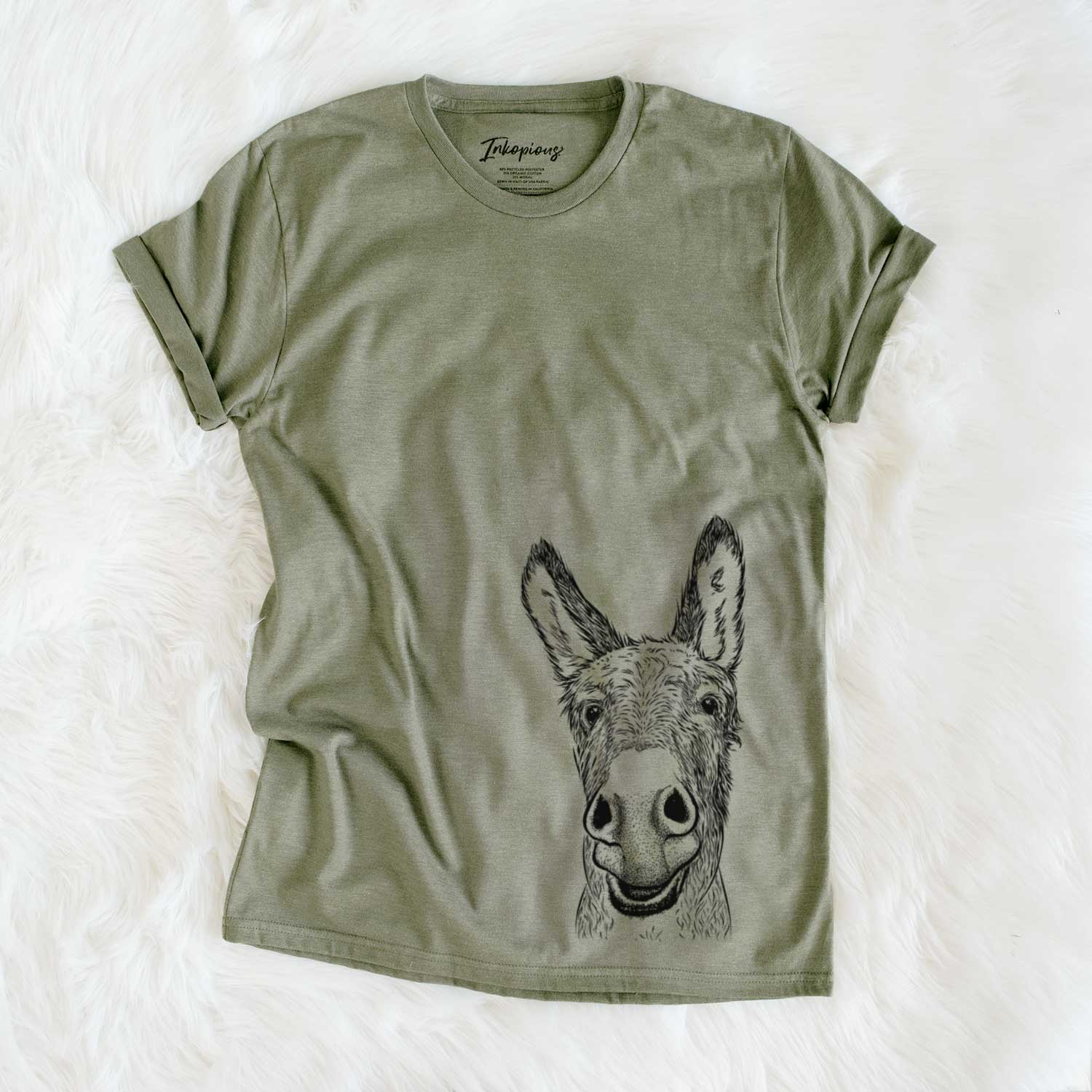 Hand-drawn sketch of Samule the Donkey on an Olive Unisex crewneck
