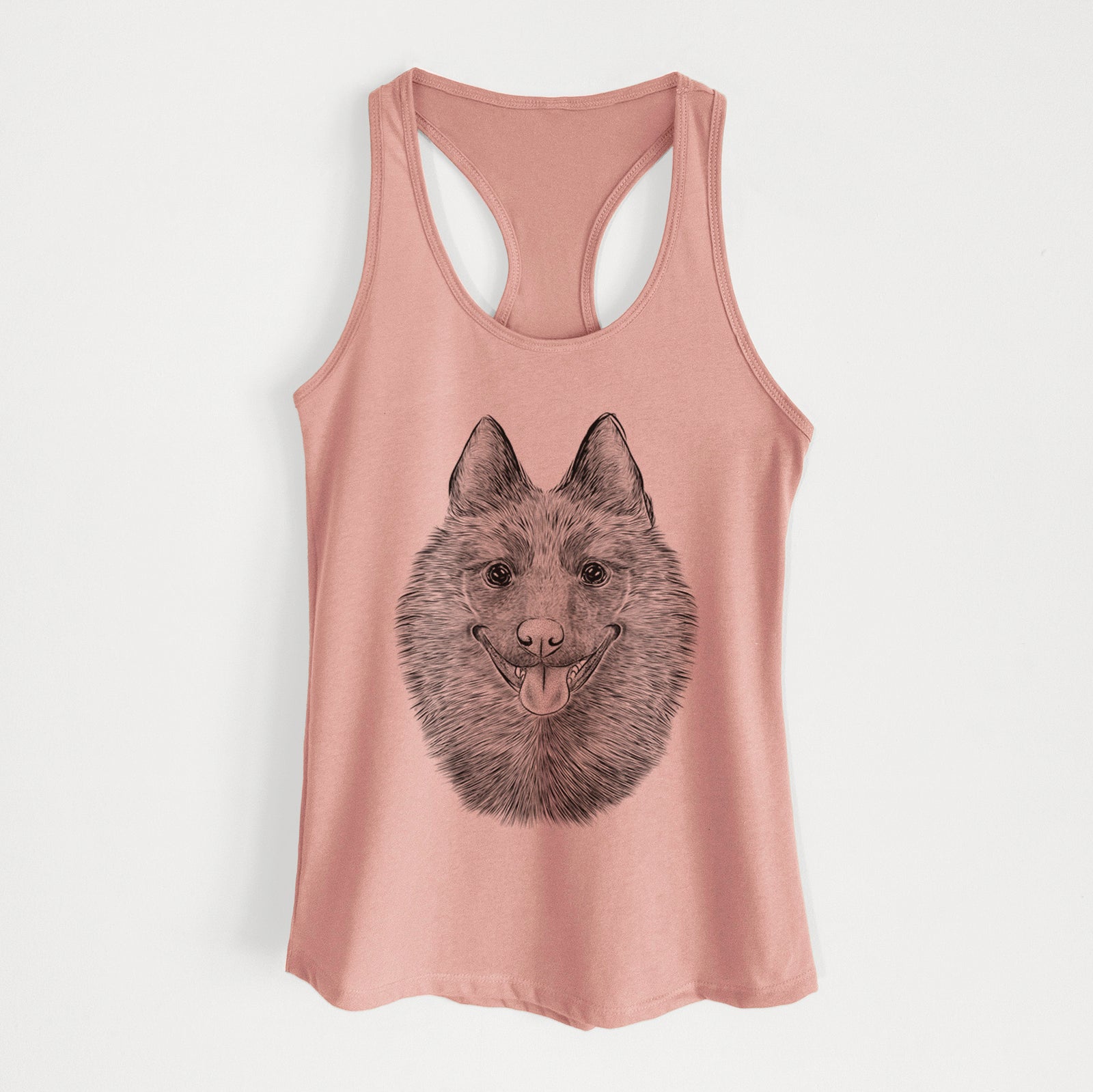 Hand-drawn sketch of Sander the Schipperke on a Desert Pink Women's racerback tanktop