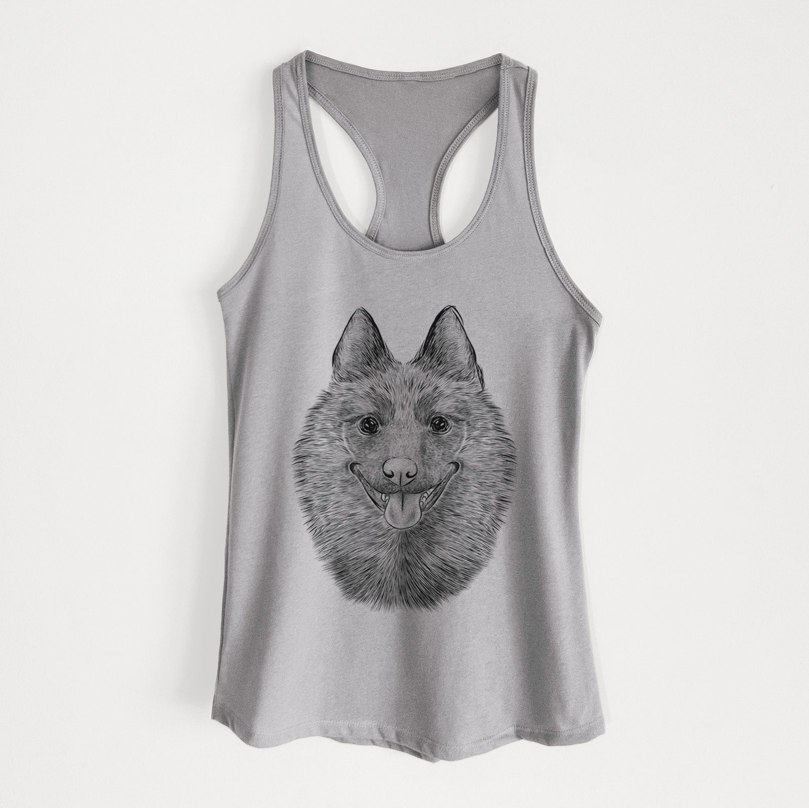 Hand-drawn sketch of Sander the Schipperke on a Heather Grey Women's racerback tanktop