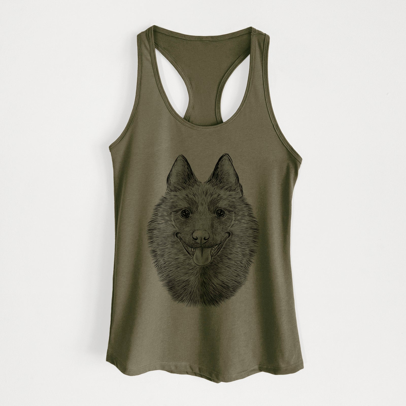 Hand-drawn sketch of Sander the Schipperke on a Military Green Women's racerback tanktop