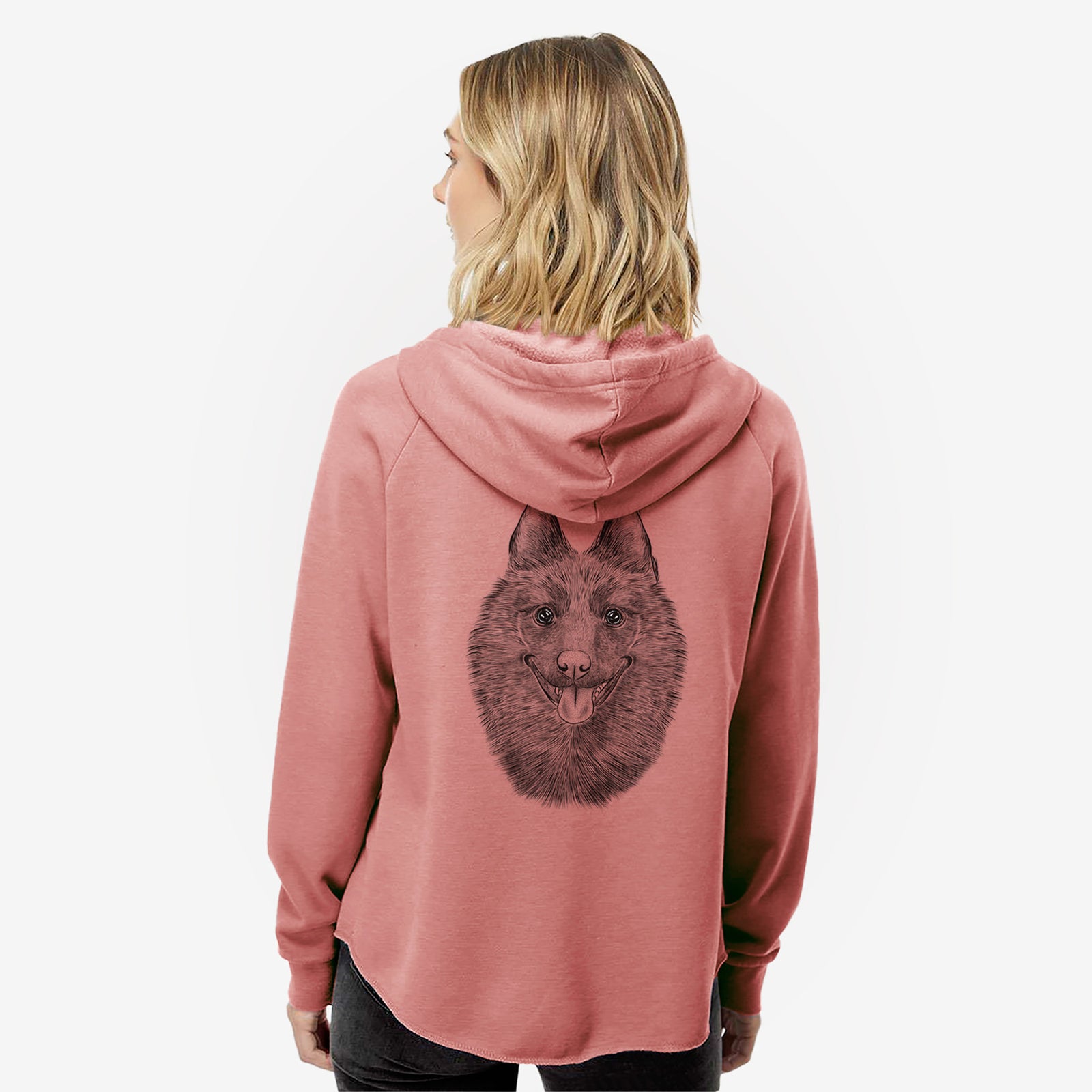 Hand-drawn sketch of Sander the Schipperke on a Dusty Rose Women's cali wave zip-up sweatshirt
