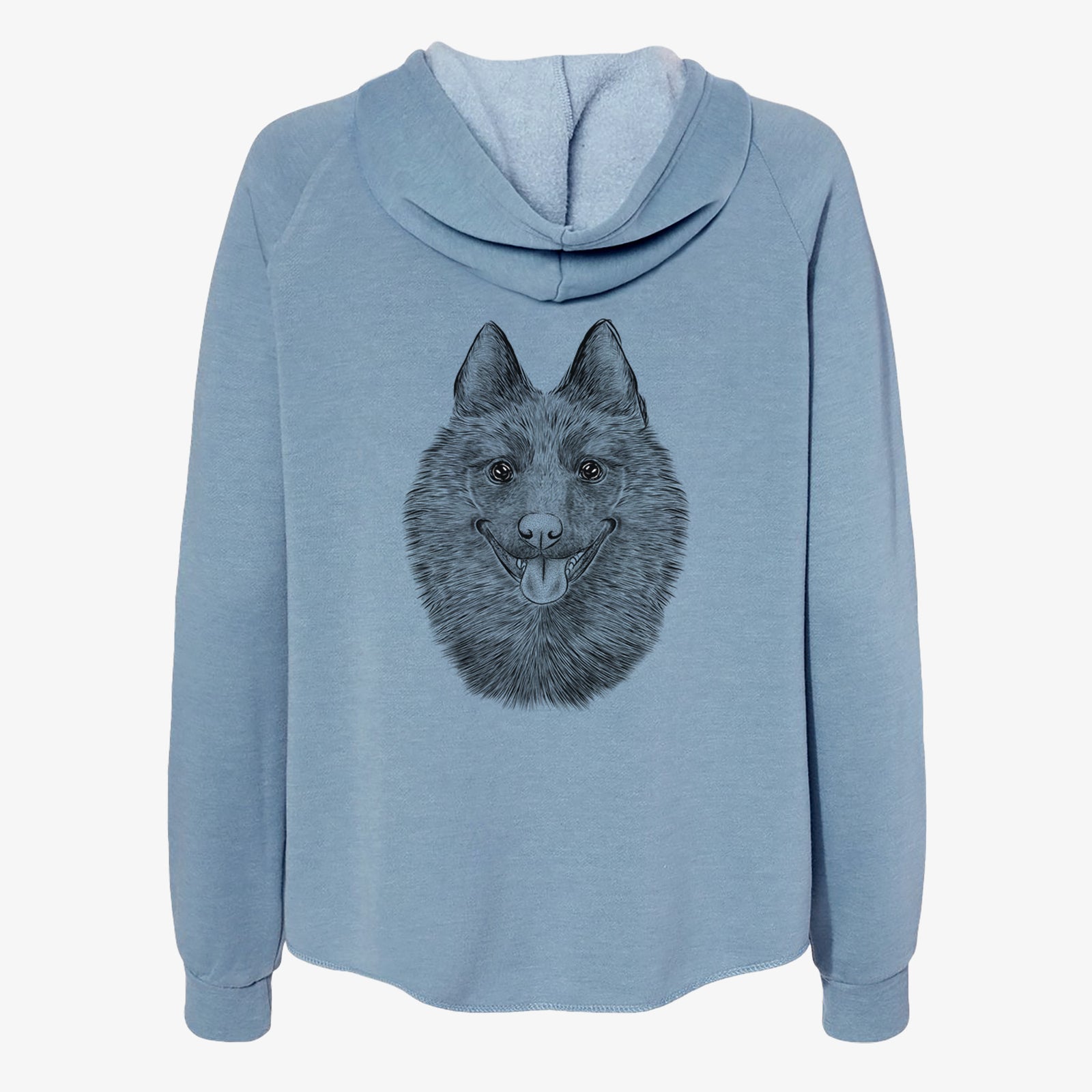 Hand-drawn sketch of Sander the Schipperke on a Misty Blue Women's cali wave zip-up sweatshirt