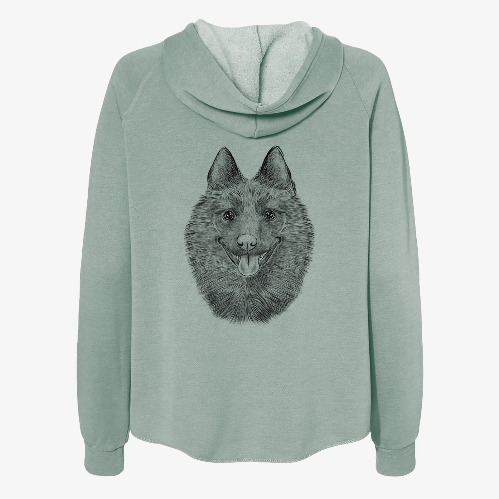 Hand-drawn sketch of Sander the Schipperke on a Sage Women's cali wave zip-up sweatshirt