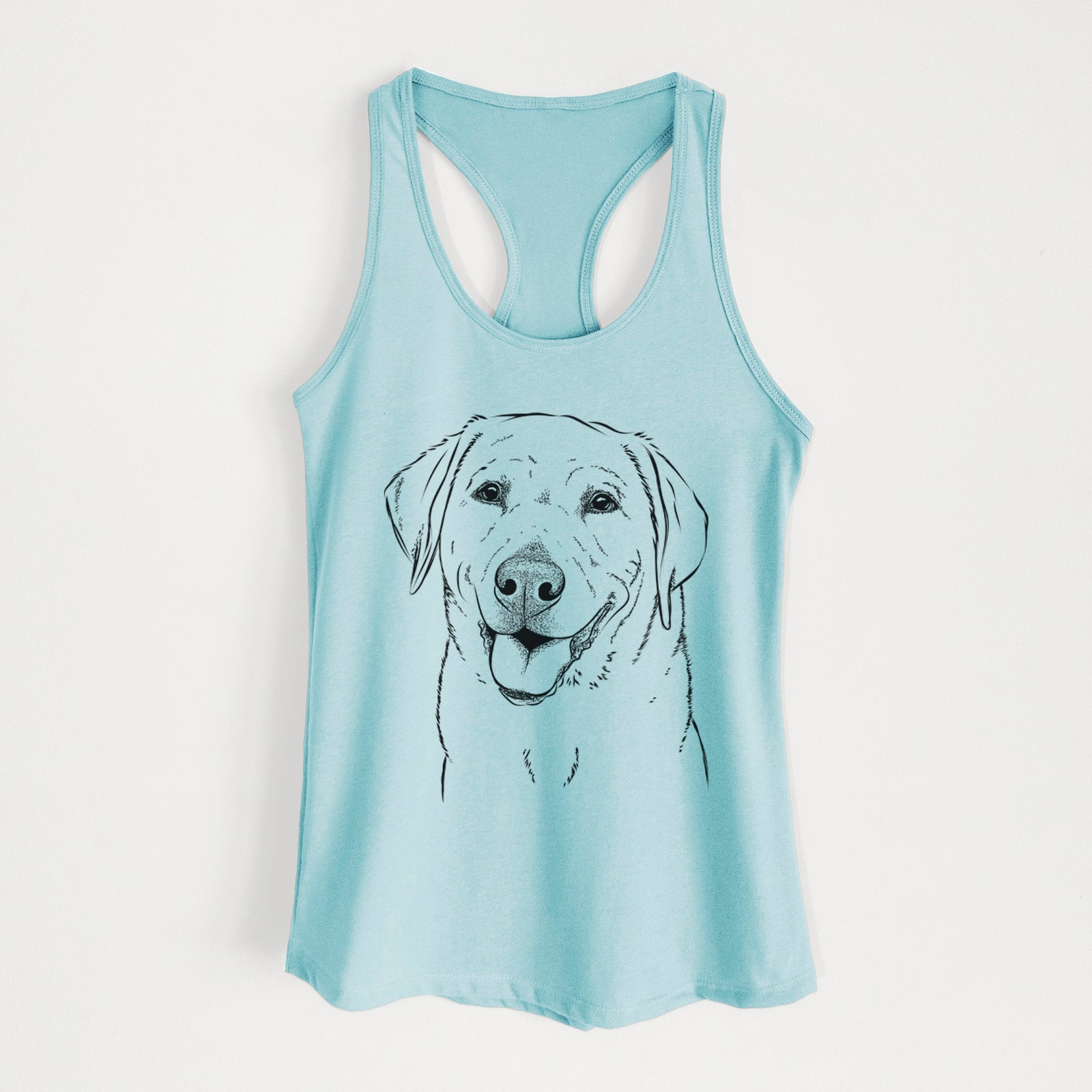 Hand-drawn sketch of Sanford the Labrador Retriever on a Cancun Blue Women's racerback tanktop