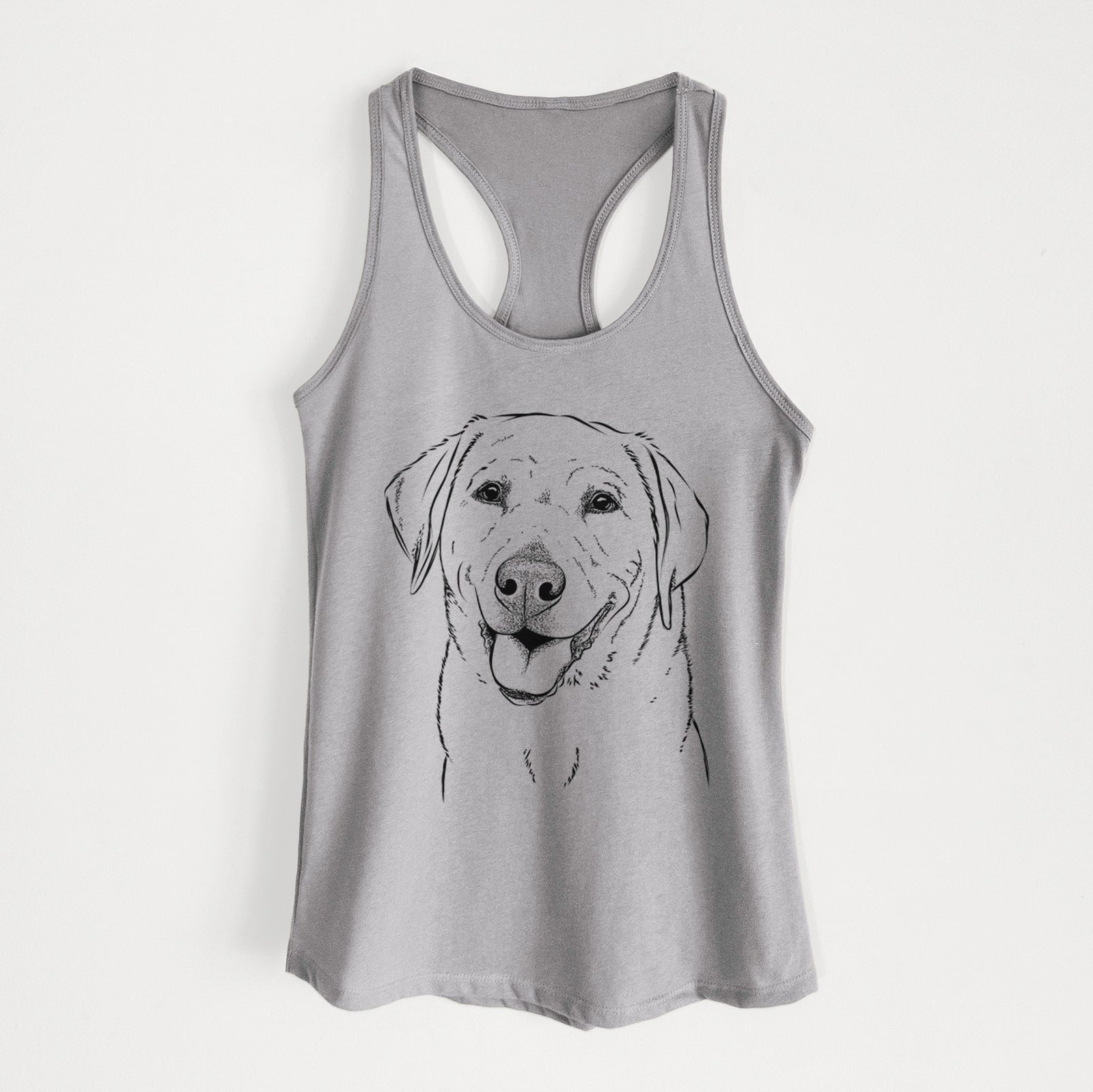 Hand-drawn sketch of Sanford the Labrador Retriever on a Heather Grey Women's racerback tanktop