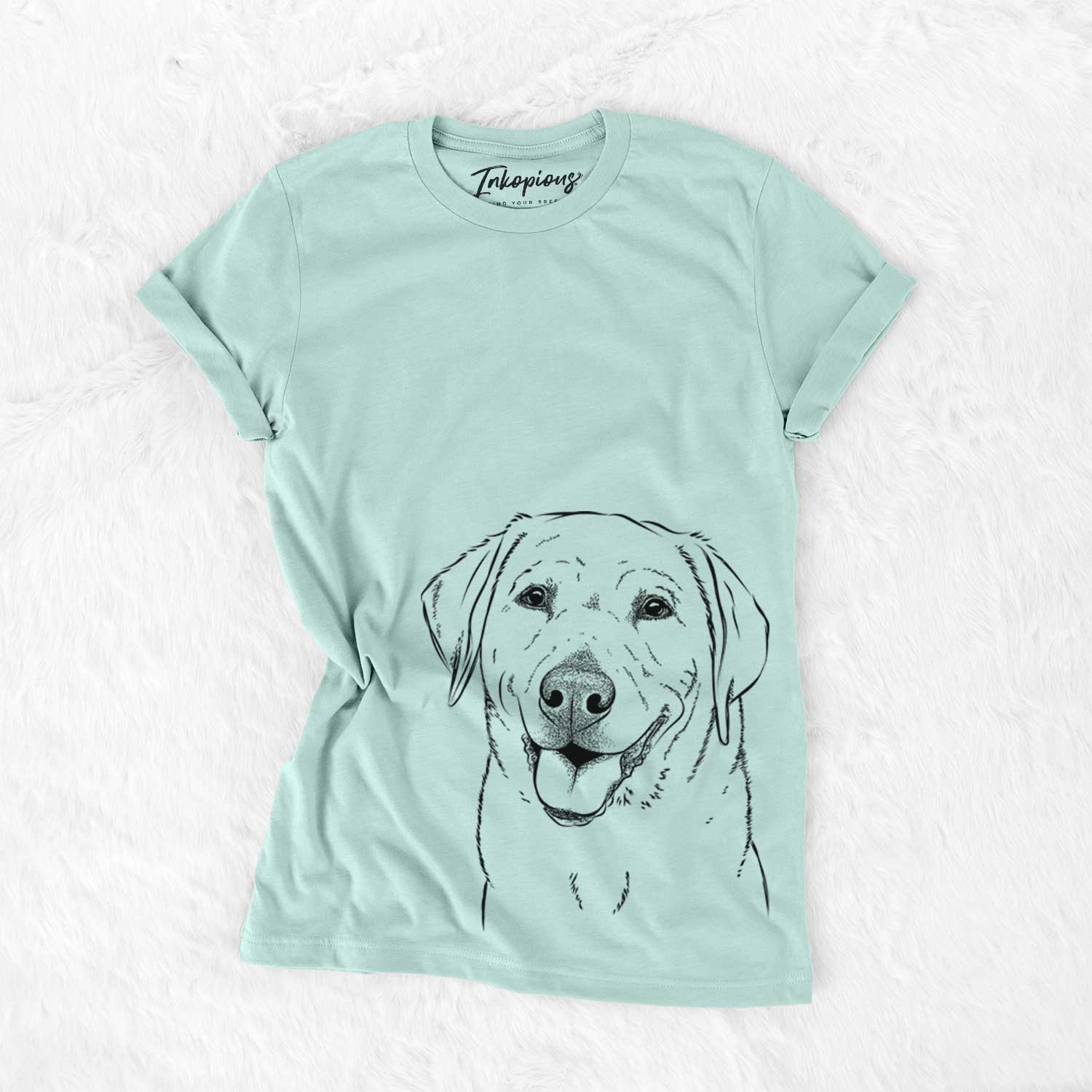 Hand-drawn sketch of Sanford the Labrador Retriever on a Heather Sage Unisex crewneck