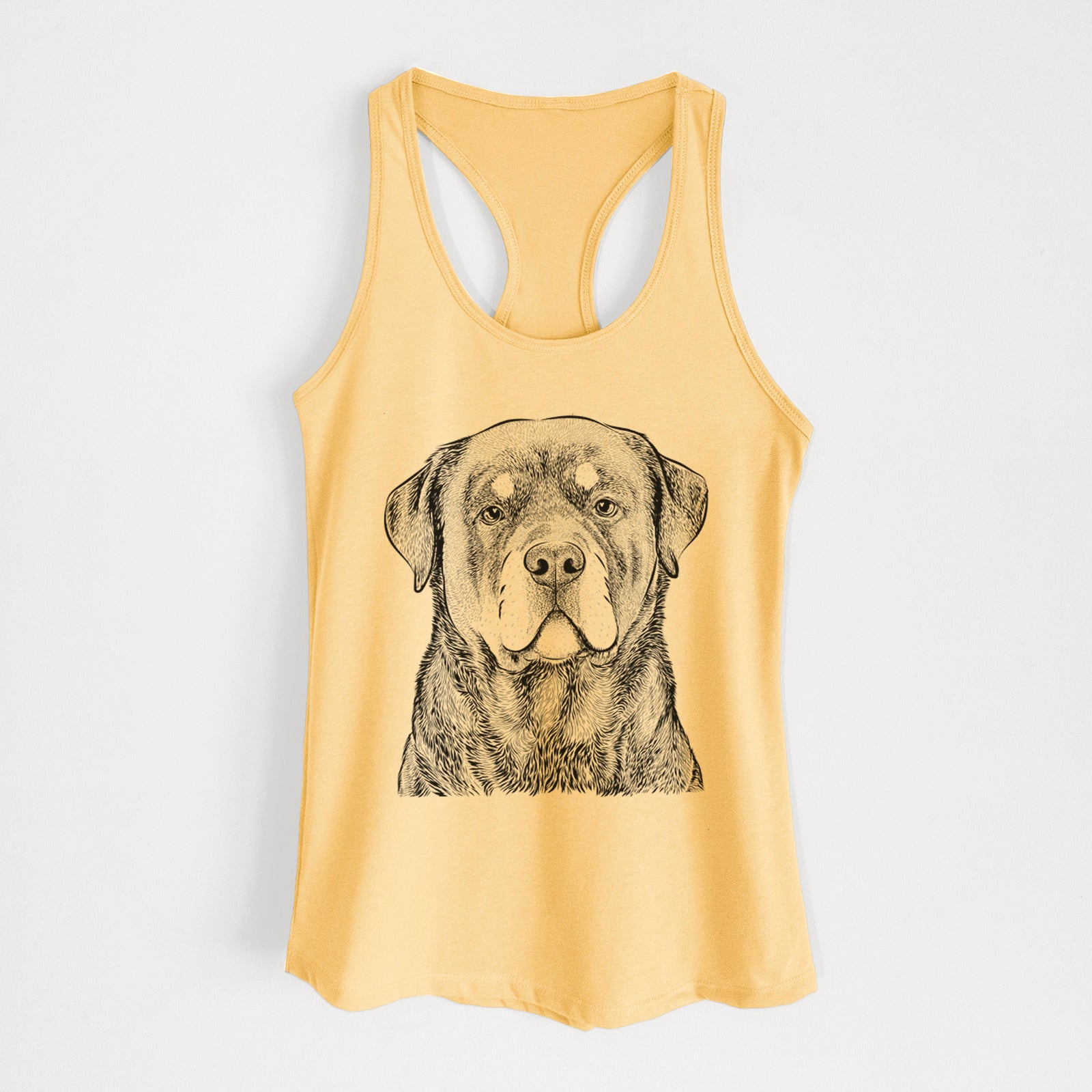 Hand-drawn sketch of Sarge the Rottweiler on a Banana Cream Women's racerback tanktop