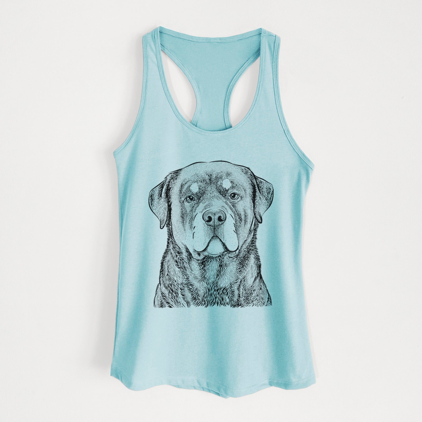 Hand-drawn sketch of Sarge the Rottweiler on a Cancun Blue Women's racerback tanktop