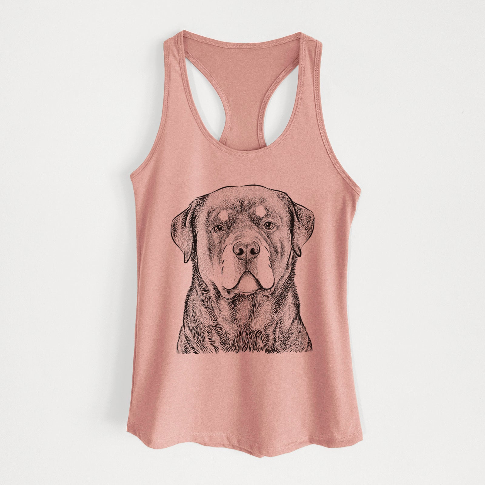 Hand-drawn sketch of Sarge the Rottweiler on a Desert Pink Women's racerback tanktop