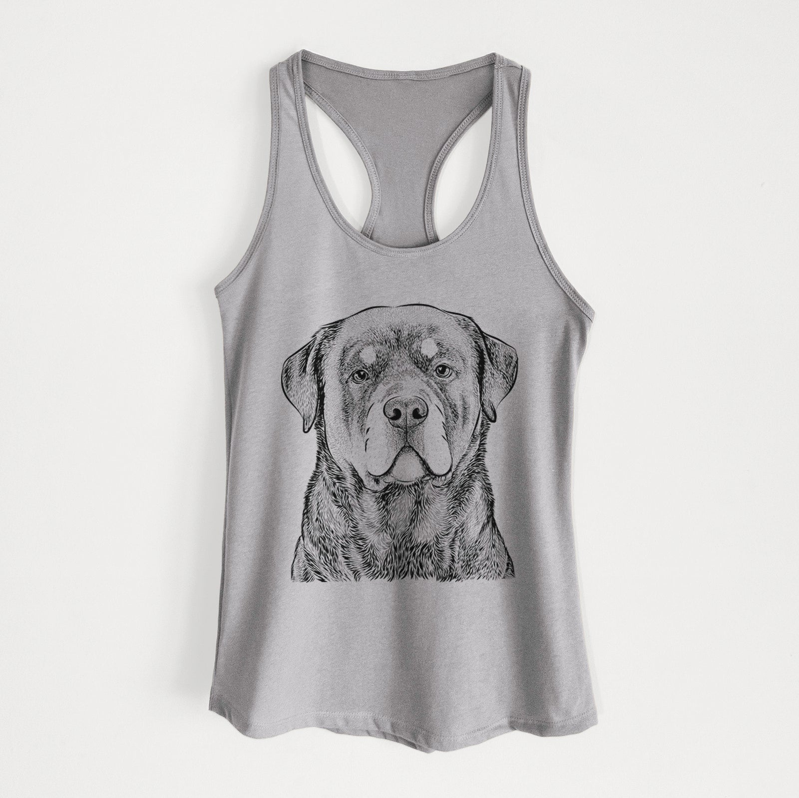 Hand-drawn sketch of Sarge the Rottweiler on a Heather Grey Women's racerback tanktop
