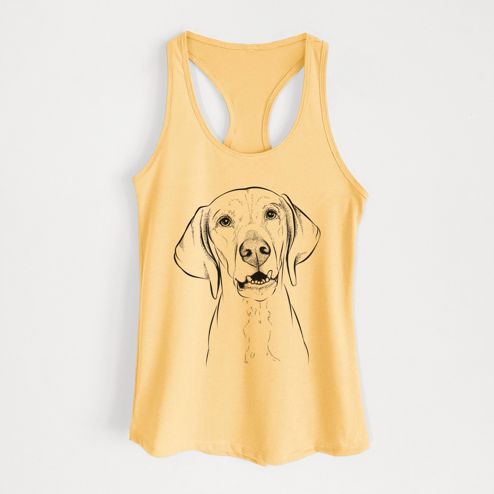 Hand-drawn sketch of Sarge the Vizsla on a Banana Cream Women's racerback tanktop