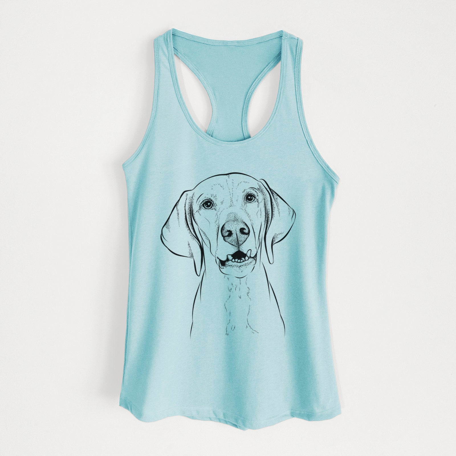 Hand-drawn sketch of Sarge the Vizsla on a Cancun Blue Women's racerback tanktop