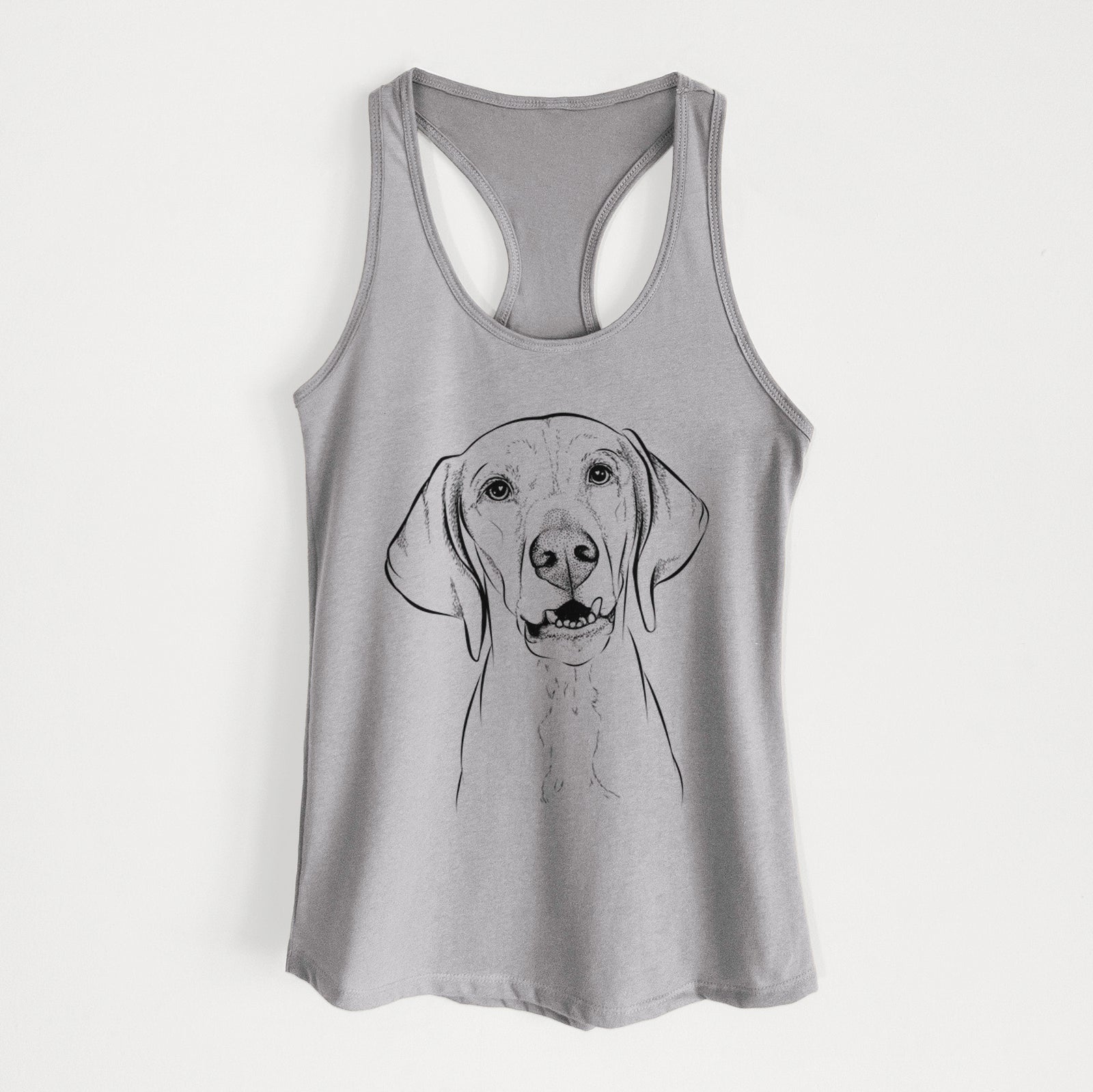 Hand-drawn sketch of Sarge the Vizsla on a Heather Grey Women's racerback tanktop