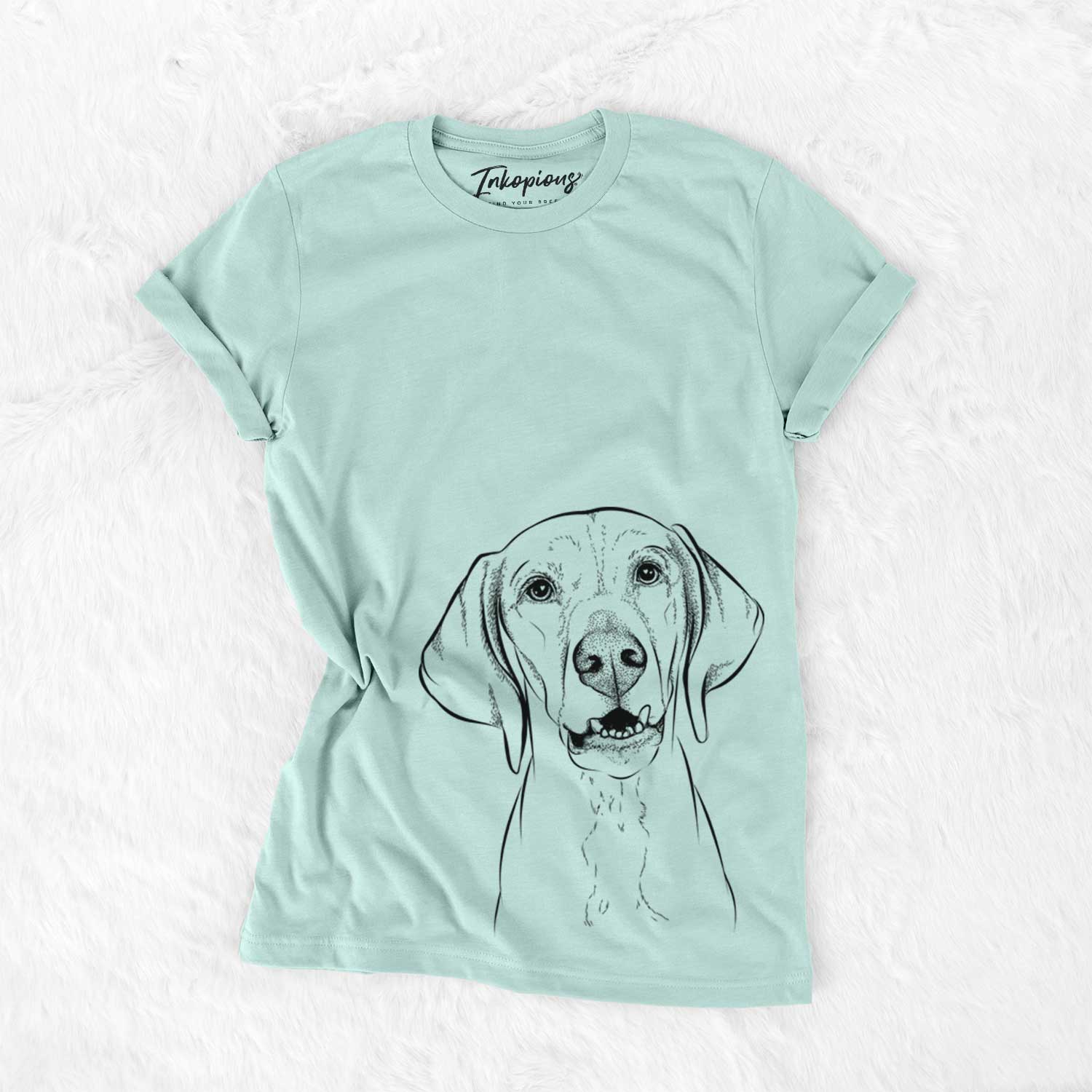 Hand-drawn sketch of Sarge the Vizsla on a Heather Sage Bella Canvas Unisex Crewneck