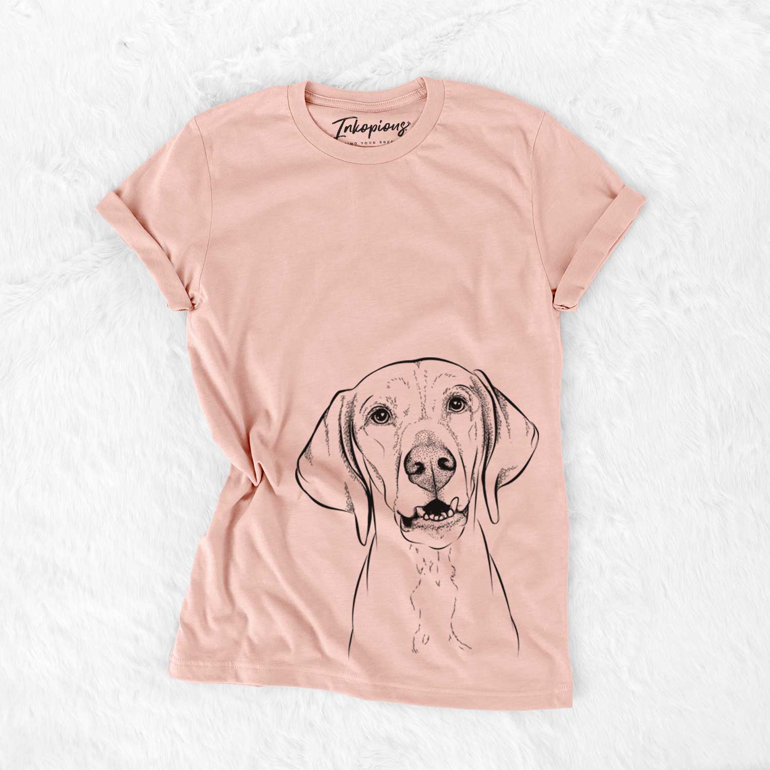 Hand-drawn sketch of Sarge the Vizsla on a Peach Bella Canvas Unisex Crewneck