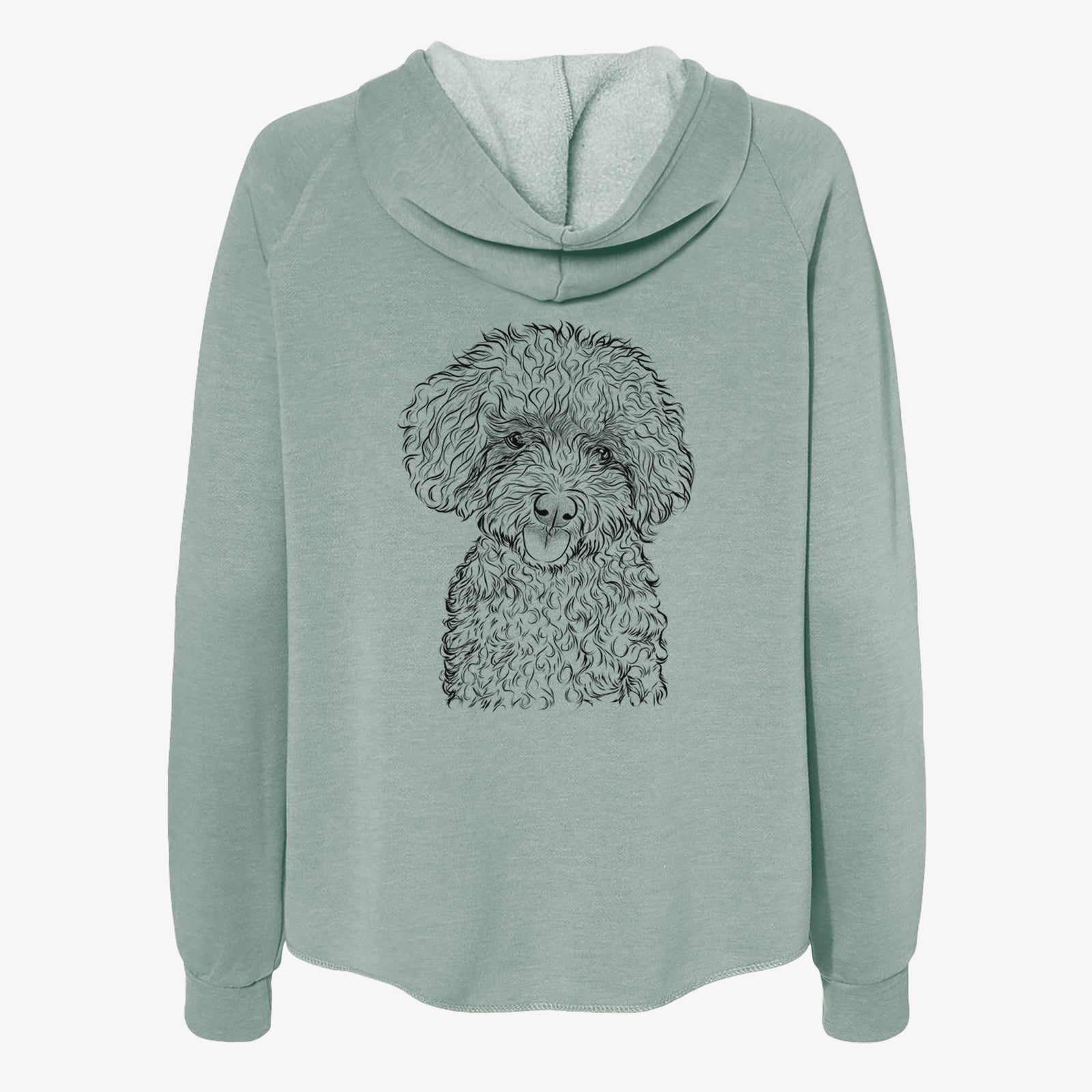Hand-drawn sketch of Satsu the Micro Teacup Poodle on a Sage Women's cali wave zip-up sweatshirt