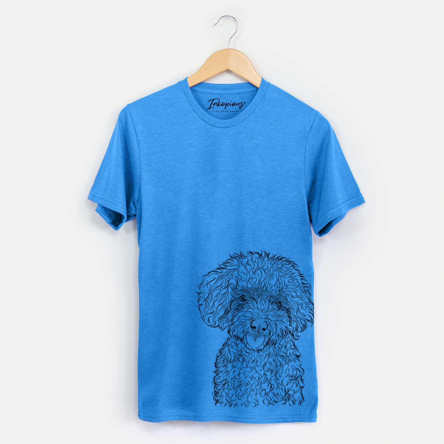 Hand-drawn sketch of Satsu the Micro Teacup Poodle on a Blue Unisex crewneck