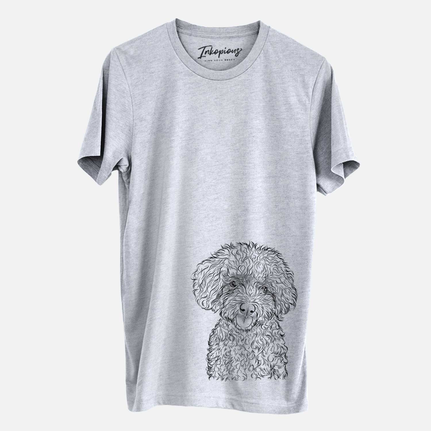 Hand-drawn sketch of Satsu the Micro Teacup Poodle on a Grey Unisex crewneck