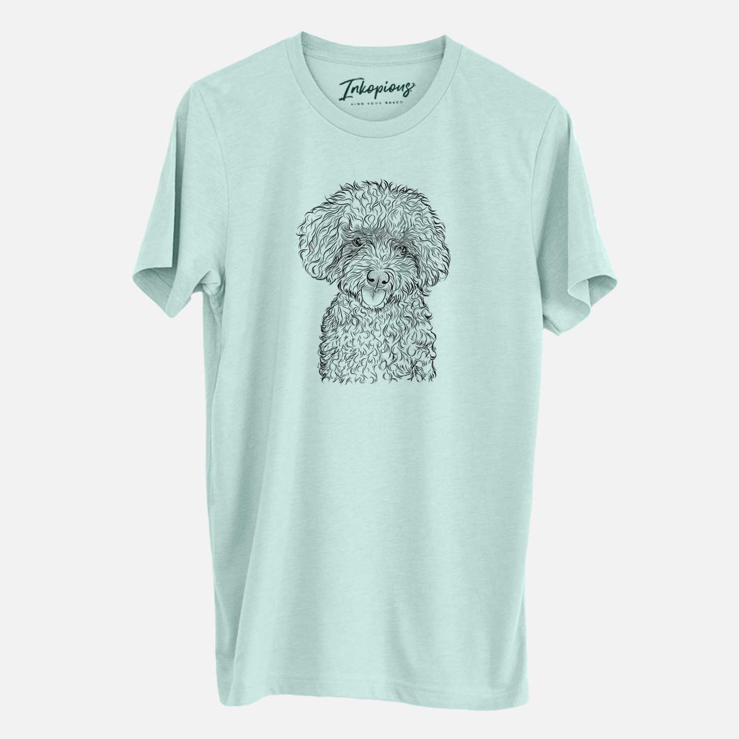 Hand-drawn sketch of Satsu the Micro Teacup Poodle on a Heather Sage Unisex crewneck