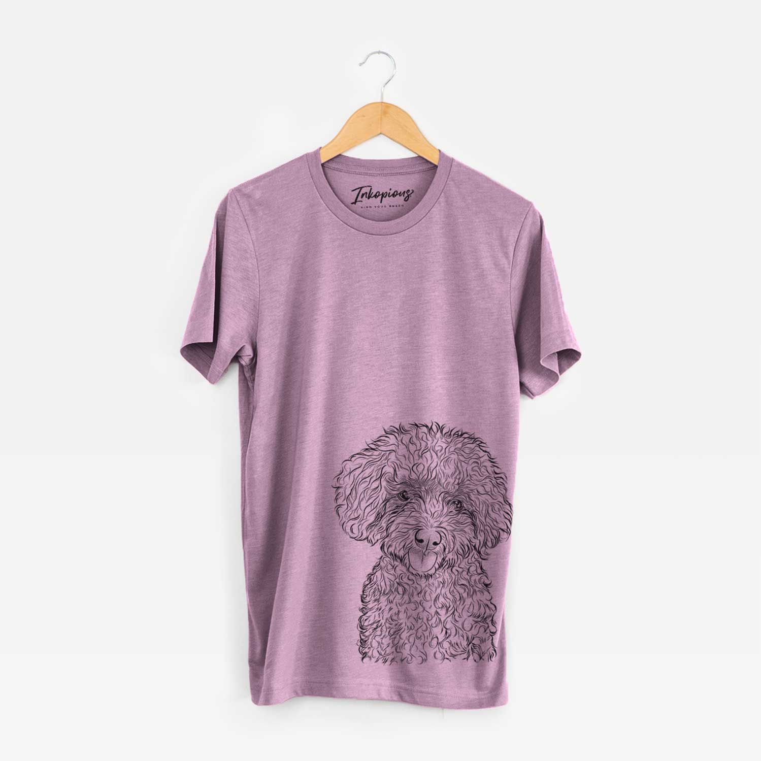Hand-drawn sketch of Satsu the Micro Teacup Poodle on an Orchid Unisex crewneck