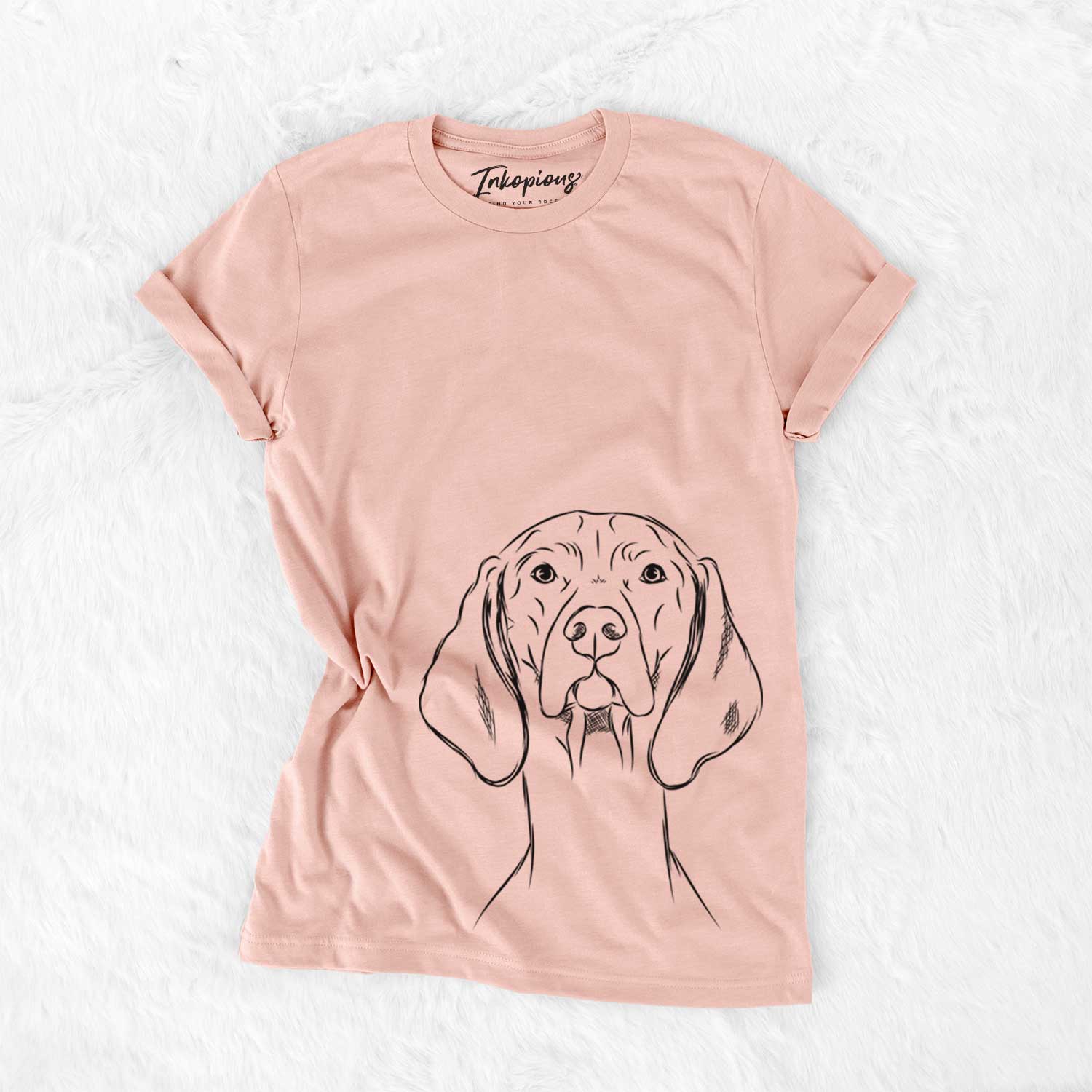 Hand-drawn sketch of Sawyer the Vizsla on a Peach Bella Canvas Unisex Crewneck