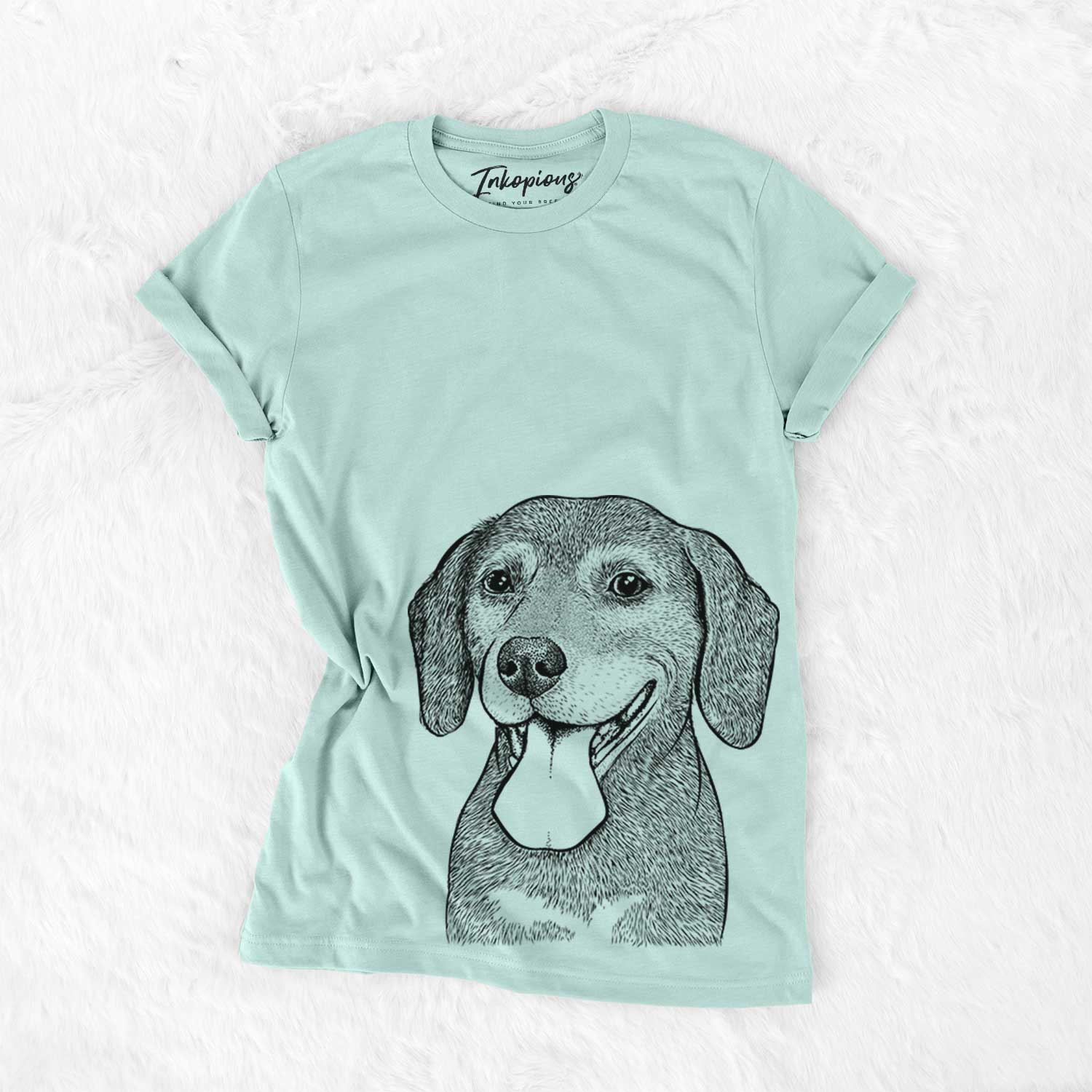Hand-drawn sketch of Scarlett the Beagle on a Heather Sage Bella Canvas Unisex Crewneck