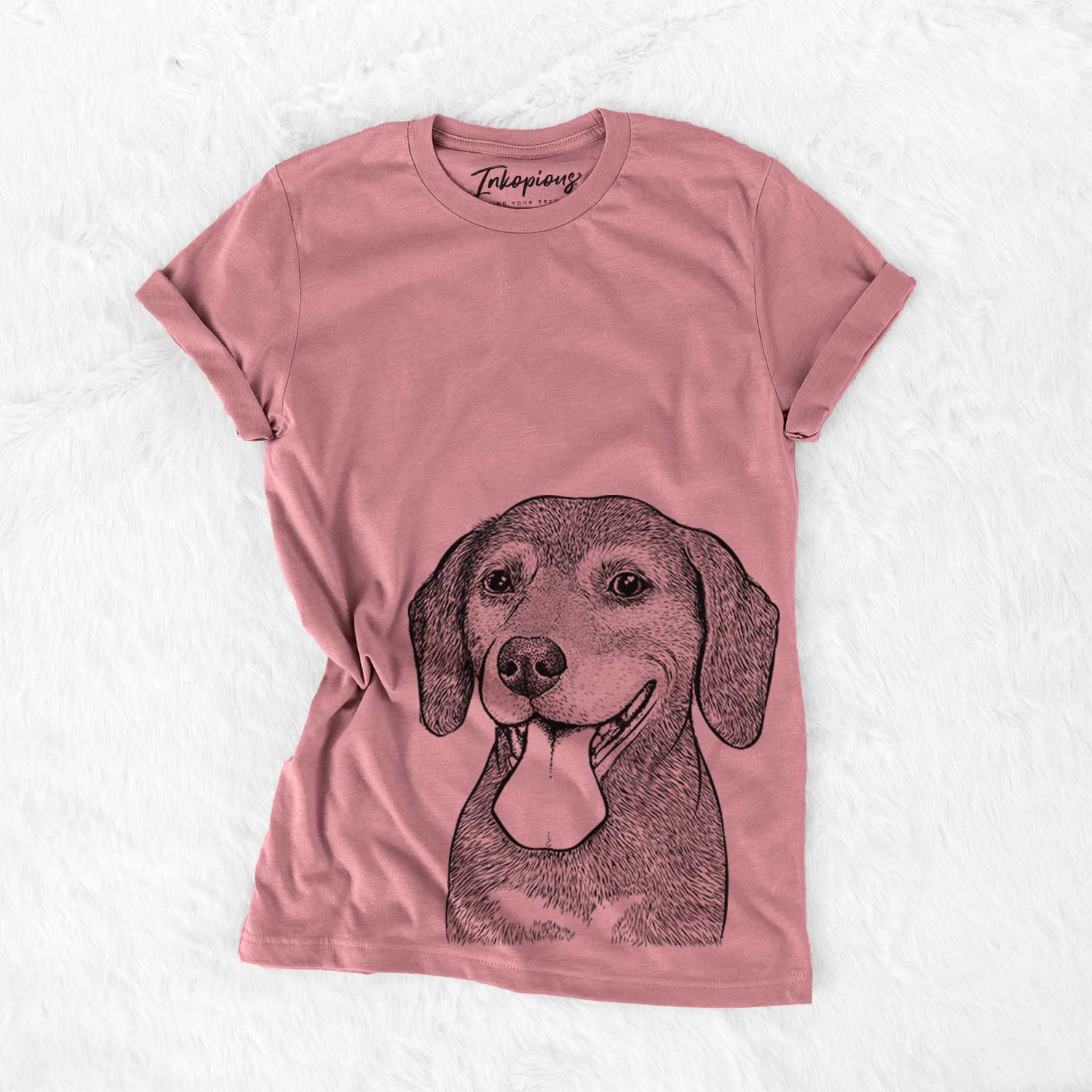 Hand-drawn sketch of Scarlett the Beagle on a Mauve Bella Canvas Unisex Crewneck