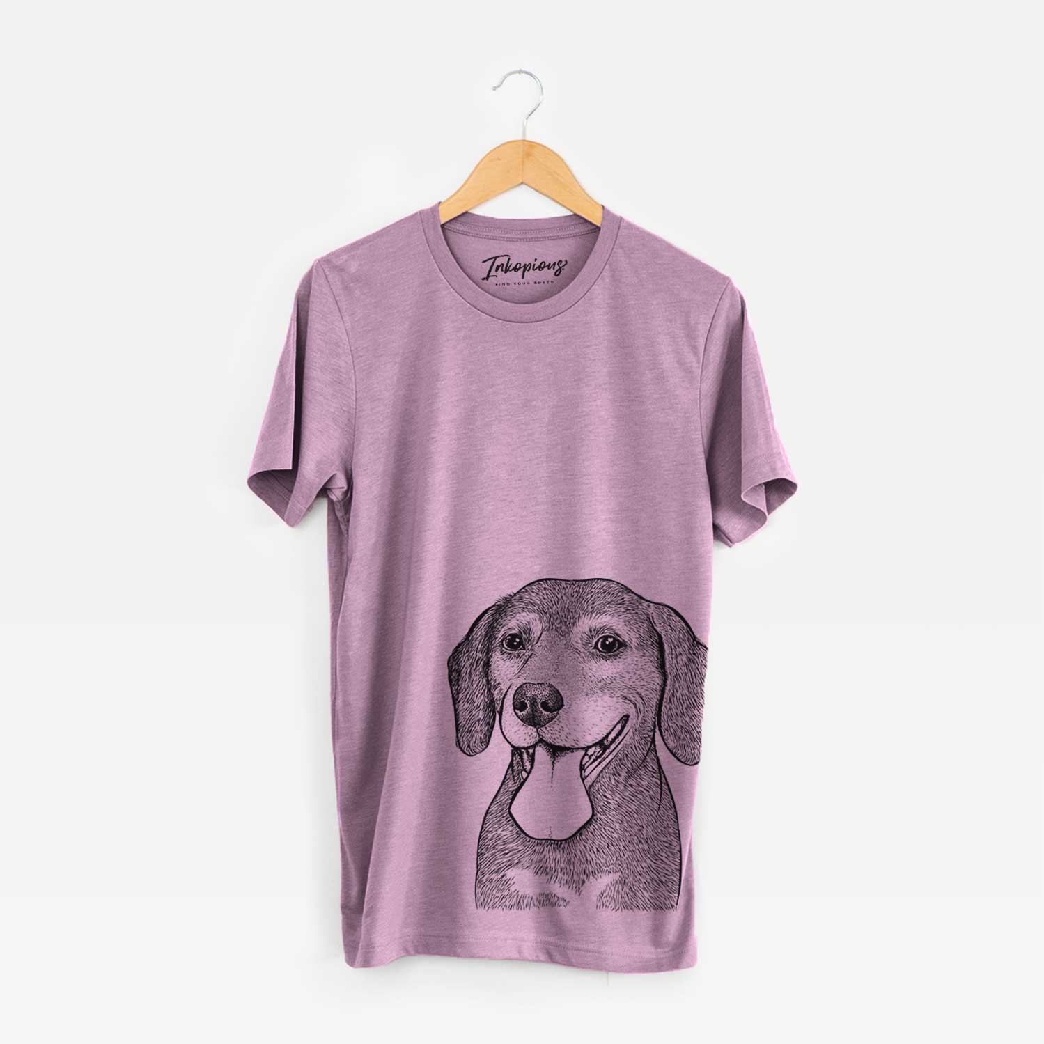 Hand-drawn sketch of Scarlett the Beagle on an Orchid Bella Canvas Unisex Crewneck