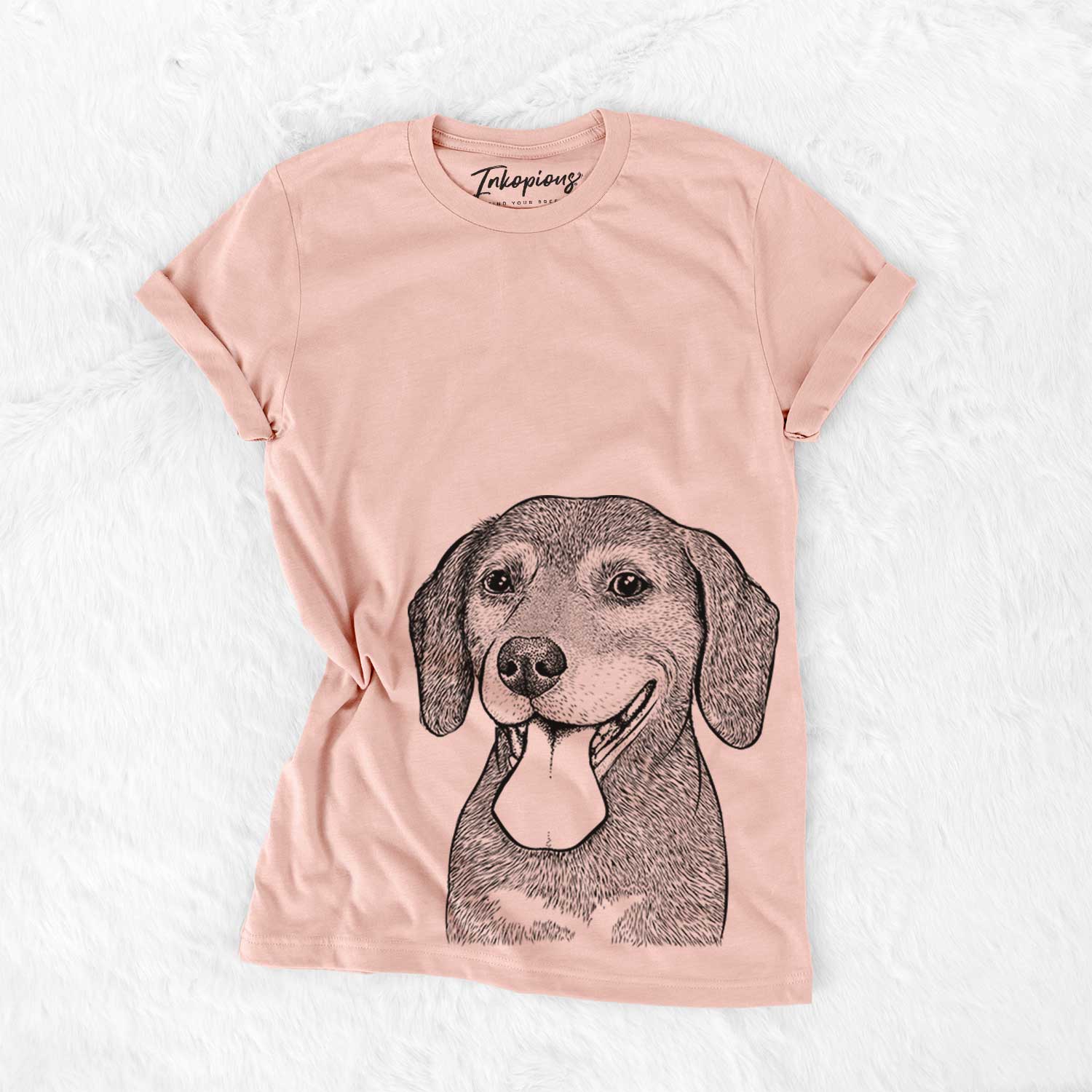 Hand-drawn sketch of Scarlett the Beagle on a Peach Bella Canvas Unisex Crewneck